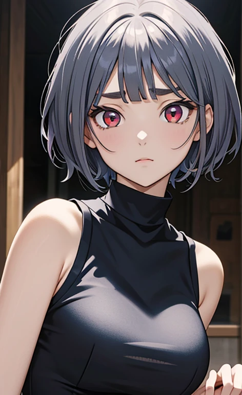(masterpiece:1.4、top-quality、illustration)、(character focus、,upper body:1.3)、(face:1.5),(1girl),(troubled eyebrows:1.2),(Beautiful eyes:1.4),cute face,(red eyes:1.3)、(tareme:1.3)、(),
),(stand:1.4),、(),(),
(blue grey hair),(short hair:1.5)、
,(),(sleeveless turtleneck china dress:1.5),
(blunt bangs),(sidelocks:1.3), (large breasts)、
、slender、zydG