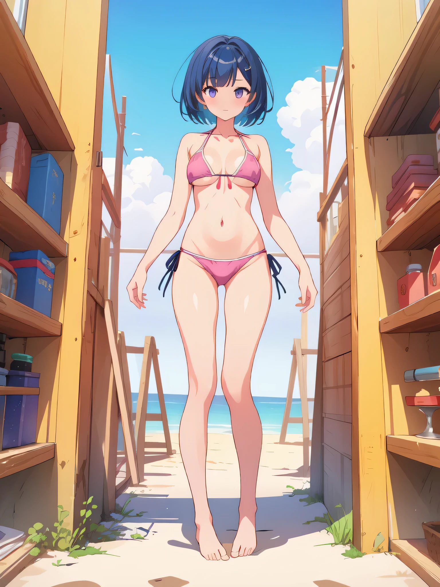 1girl、vtuber-fullbody、highest quality、Masterpiece、Official Art、The best composition、Super detailed、Standing in front of the viewer、short hair、Simple bikini、Small breasts、barefoot、Simple Background、Upright Pose、Character Design、