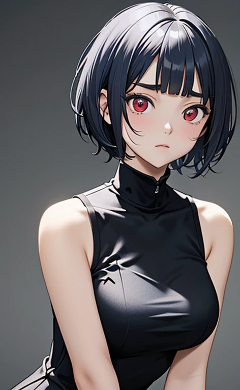 (masterpiece:1.4、top-quality、illustration)、(character focus、,upper body:1.3)、(face:1.5),(1girl),(troubled eyebrows:1.2),(Beautiful eyes:1.4),cute face,(red eyes:1.3)、(tareme:1.3)、(),
),(stand:1.4),、(),(),
(blue grey hair),(short hair:1.5)、
,(),(sleeveless turtleneck china dress:1.5),
(blunt bangs),(sidelocks:1.3), (large breasts)、
、slender、zydG