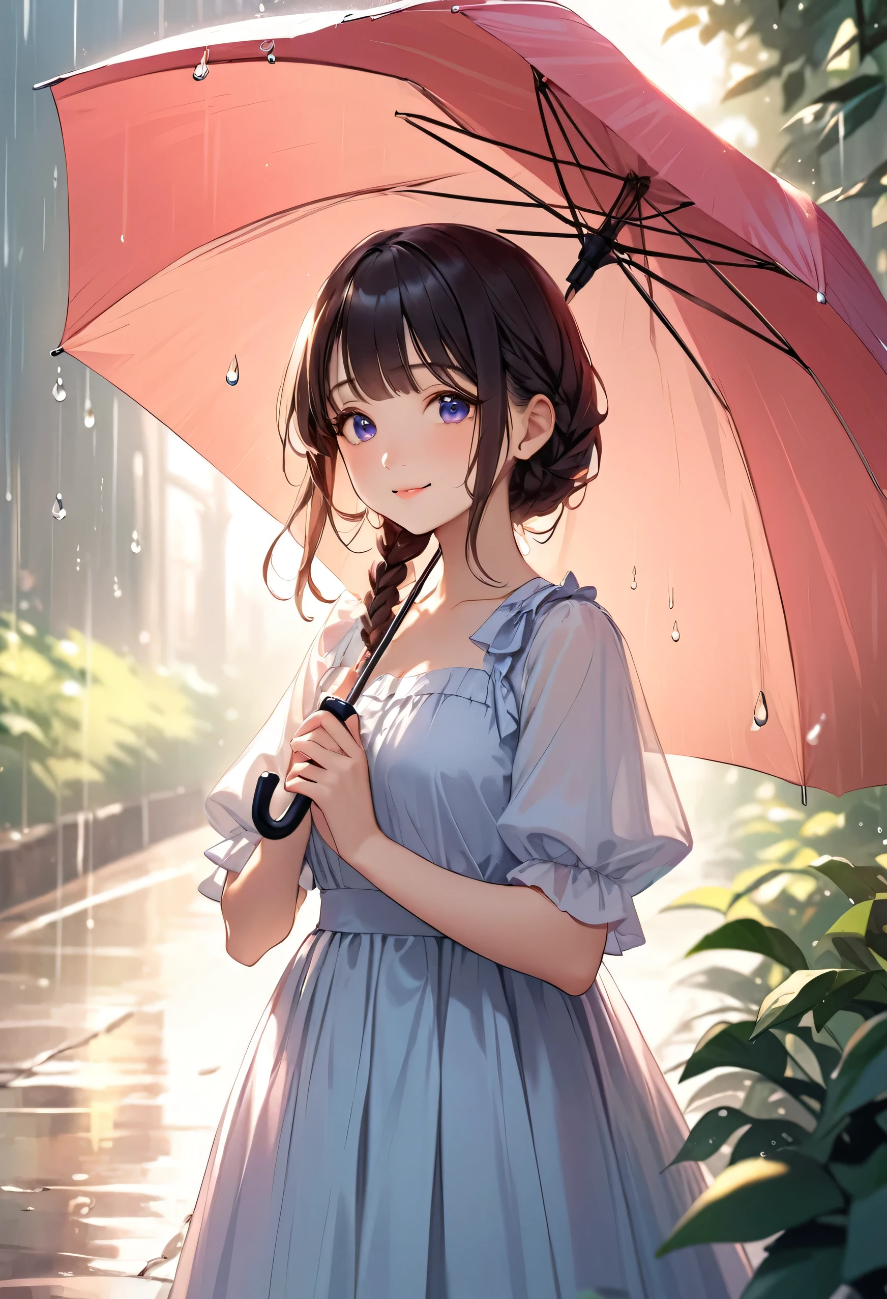 highest quality、High resolution、Detailed Background、Beautiful face in every detail、Teenage beauty、Cute hair colour、Braided Ponytail、Braided bob cut、Cute hairstyle、well-groomed eyebrows、Cute gestures、
The girl is walking lightly while holding the umbrella tightly in both hands.、
I take rhythmic small steps to the sound of raindrops hitting the fabric of my umbrella.、
Her eyes are sparkling and she has a bright smile、The way he desperately tries to hold the umbrella is adorable.、
When raindrops land on the girl&#39;s hair、They shine like small polka dots.、
The girl&#39;s soft hair swaying in the wind looks like an elegant dance.、
There was no one around, just a girl walking in the rain.、
The girl&#39;s cuteness and bright atmosphere stand out.