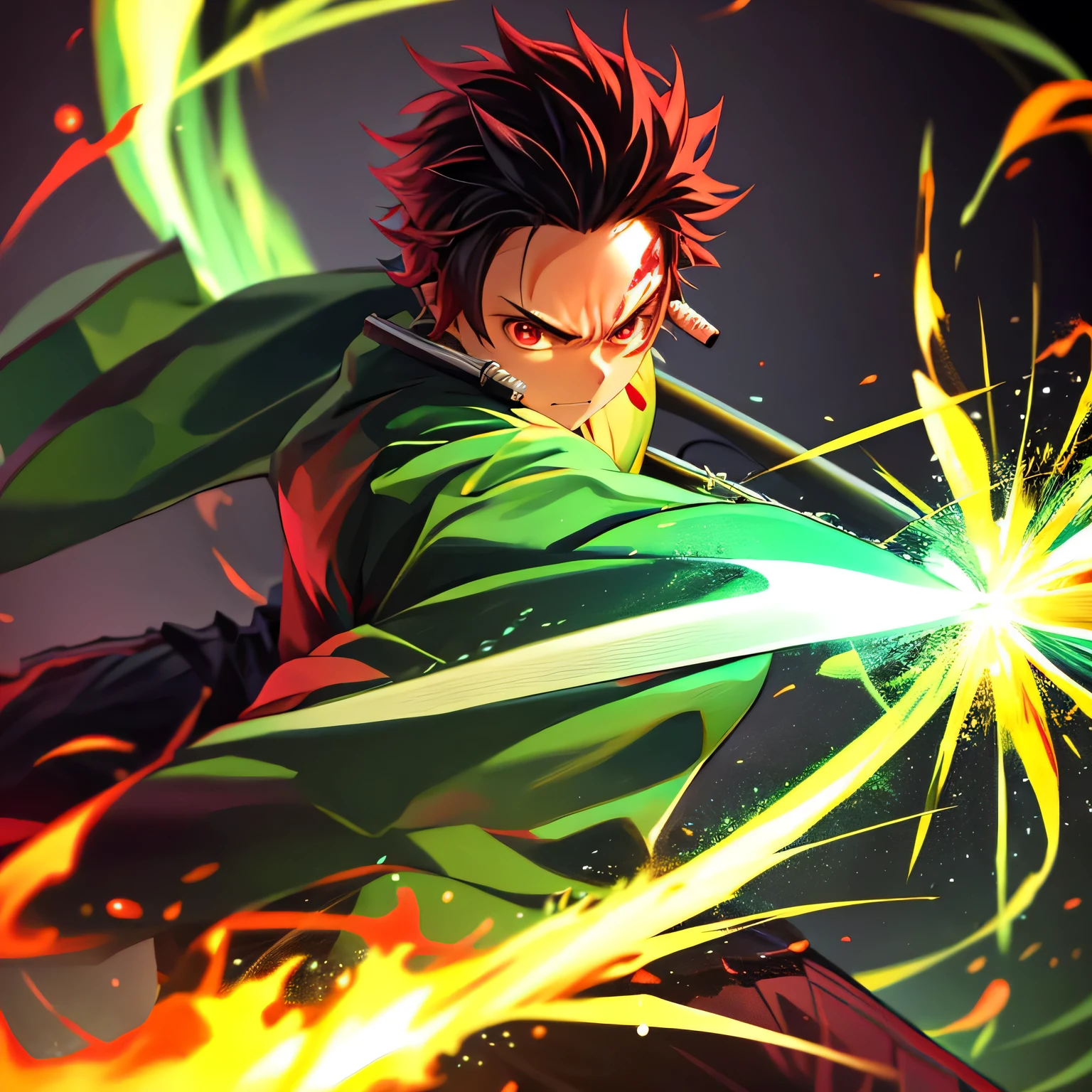 tanjiro wearing light green jacket, holding black katana sword, red fire and aura around him, japanese theme, 4k, ultra sharp