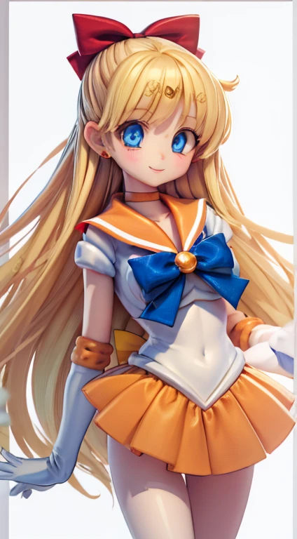 masterpiece, highest quality, High resolution, Venus 1, 1 girl, alone, Sailor Warrior Uniform, Sailor Venus, aino minako, Blonde Hair, Magical girl, blue eyes, Orange Skirt, Elbow Bag, tiara, Pleated skirt, Hair Ribbon, Orange sailor collar, mini skirt, choker, Red Bow, orange choker, White gloves, Very long hair, jewelry, Earrings, Cowboy Shot, smile,