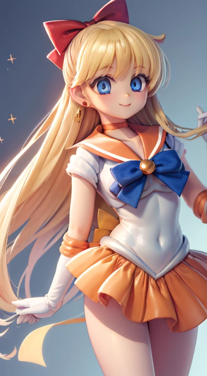 masterpiece, highest quality, High resolution, Venus 1, 1 girl, alone, Sailor Warrior Uniform, Sailor Venus, aino minako, Blonde Hair, Magical girl, blue eyes, Orange Skirt, Elbow Bag, tiara, Pleated skirt, Hair Ribbon, Orange sailor collar, mini skirt, choker, Red Bow, orange choker, White gloves, Very long hair, jewelry, Earrings, Cowboy Shot, smile,