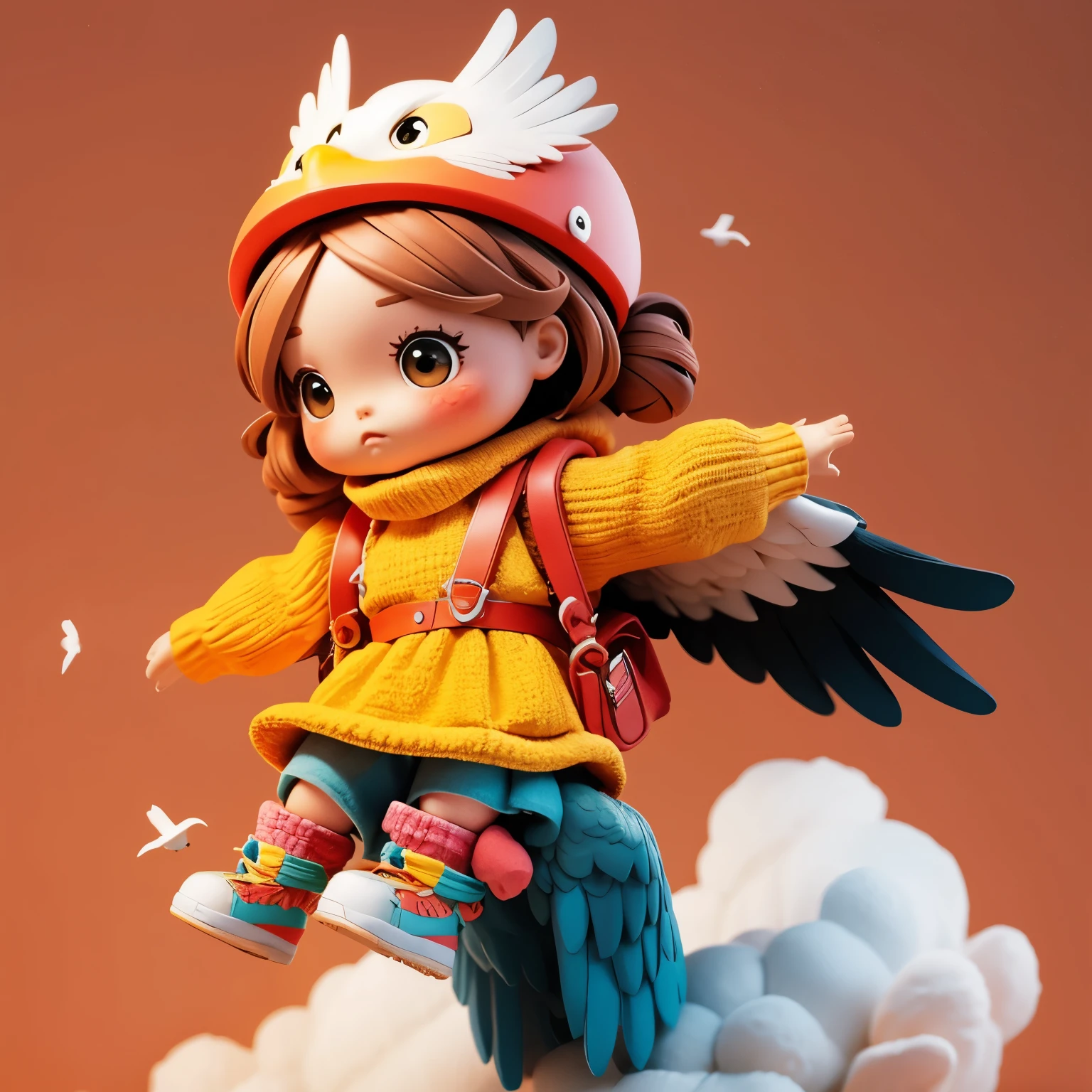 Photorealistic、Chibi Girl Doll(A flying through the sky on the back of an eagle)