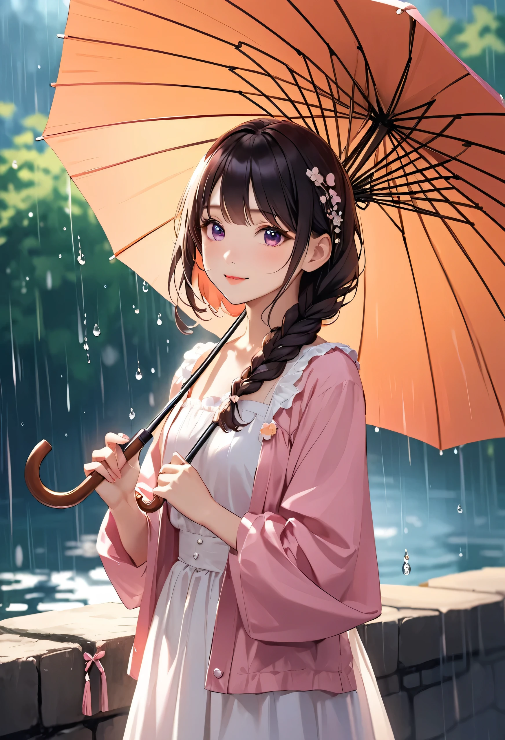 highest quality、High resolution、Detailed Background、Beautiful face in every detail、Teenage beauty、Cute hair colour、Braided Ponytail、Braided bob cut、Cute hairstyle、well-groomed eyebrows、Cute gestures、
The girl is walking lightly while holding the umbrella tightly in both hands.、
I take rhythmic small steps to the sound of raindrops hitting the fabric of my umbrella.、
Her eyes are sparkling and she has a bright smile、The way he desperately tries to hold the umbrella is adorable.、
When raindrops land on the girl's hair、They shine like small polka dots.、
The girl's soft hair swaying in the wind looks like an elegant dance.、
There was no one around, just a girl walking in the rain.、
The girl's cuteness and bright atmosphere stand out.