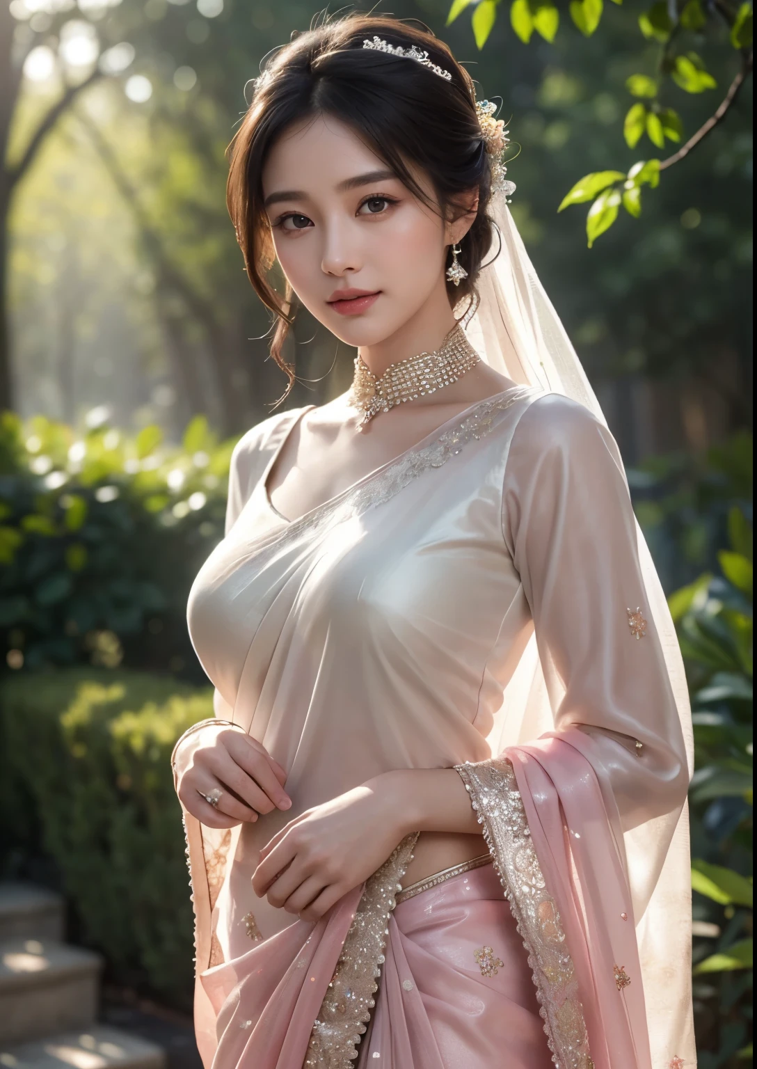 beautiful detailed eyes, beautiful detailed lips, extremely detailed eyes and face, long eyelashes, 1girl, beautiful Korean girl, exquisite bridal glitter pink saree, standing in front of a beautiful church, ethereal lighting, soft pastel colors, realistic, realistic face, realistic skin, realistic body, cinematic lighting, dramatic composition, masterpiece, best quality, 4k, 8k, highres, ultra-detailed, photorealistic, professional, vivid colors, ethereal aura, serene expression, dappled sunlight filtering through the blue blossoms, lush green foliage, highly detailed, cinematic lighting, vibrant colors, nature, smile, sexy poses, full body shot, clear face, cute, beautiful looking, 