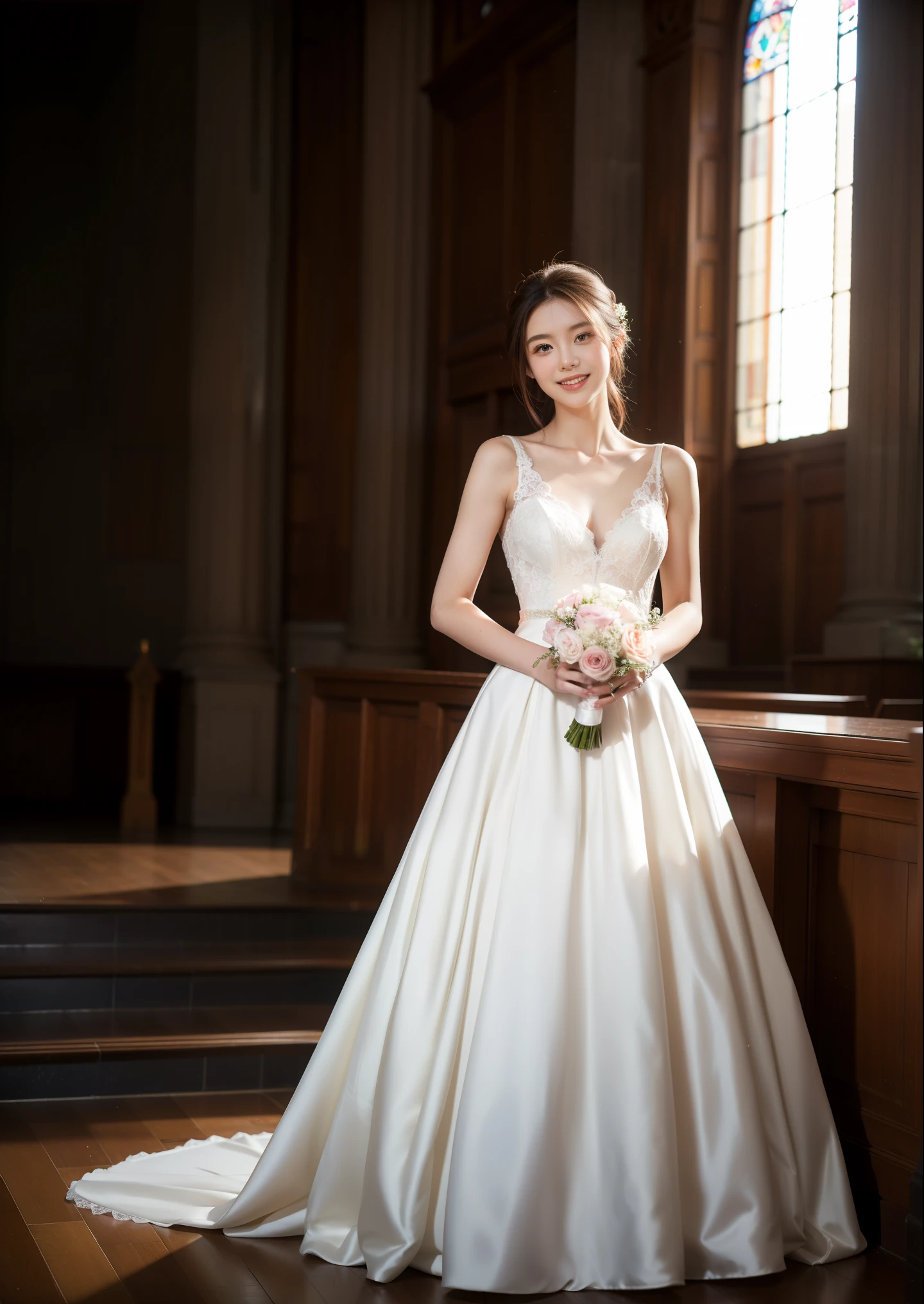 Beautiful 25 year old skinny woman。She is wearing a wedding dress. She is smiling on illuminated by the evening church lights on the romantic sunset time. her dark brown hair. High resolution、masterpiece、highest quality、頭w:1.0、((Hasselblad Photos))、fine skin、(movie lighting)、clavicle . full body picture.