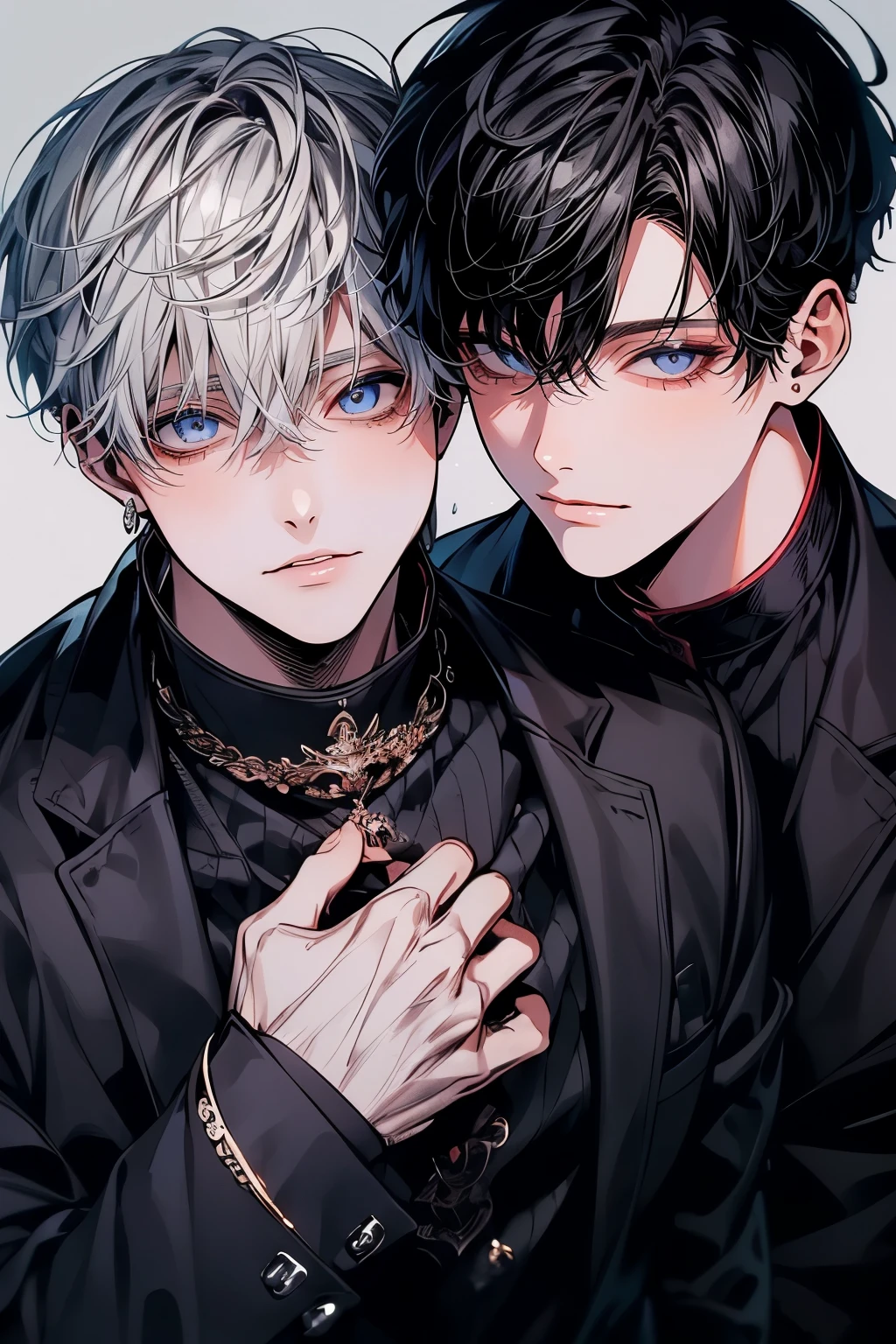 (Mastepiece), (Best Quality), Very detailed, ((Two friendly men:1.5)), Perfect Face, Beautiful Face, Very detailedな顔，(Black-haired man:1.3)，(Grey-haired man:1.3)、