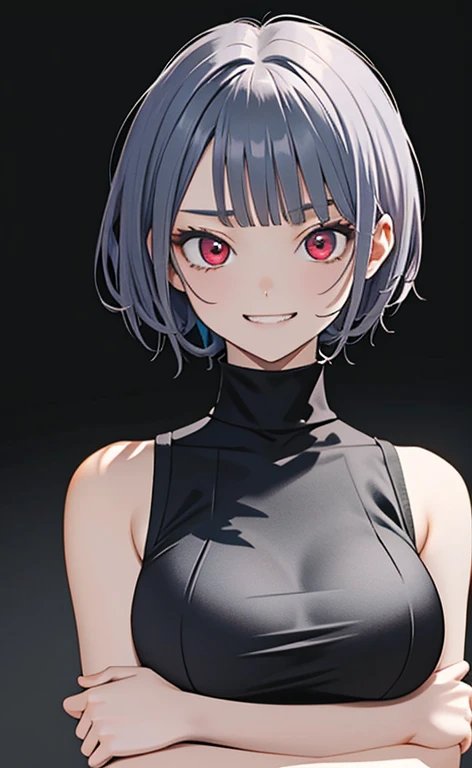 (masterpiece:1.4、top-quality、illustration)、(character focus、,upper body:1.3)、(face:1.5),(1girl),(evil grin:1.2),(Beautiful eyes:1.4),cute face,(red eyes:1.3)、(tareme:1.3)、(),
),(stand:1.4),、(),(),
(blue grey hair),(short hair:1.5)、
,(),(sleeveless turtleneck china dress:1.5),
(blunt bangs),(sidelocks:1.3), (large breasts)、
、slender、zydG