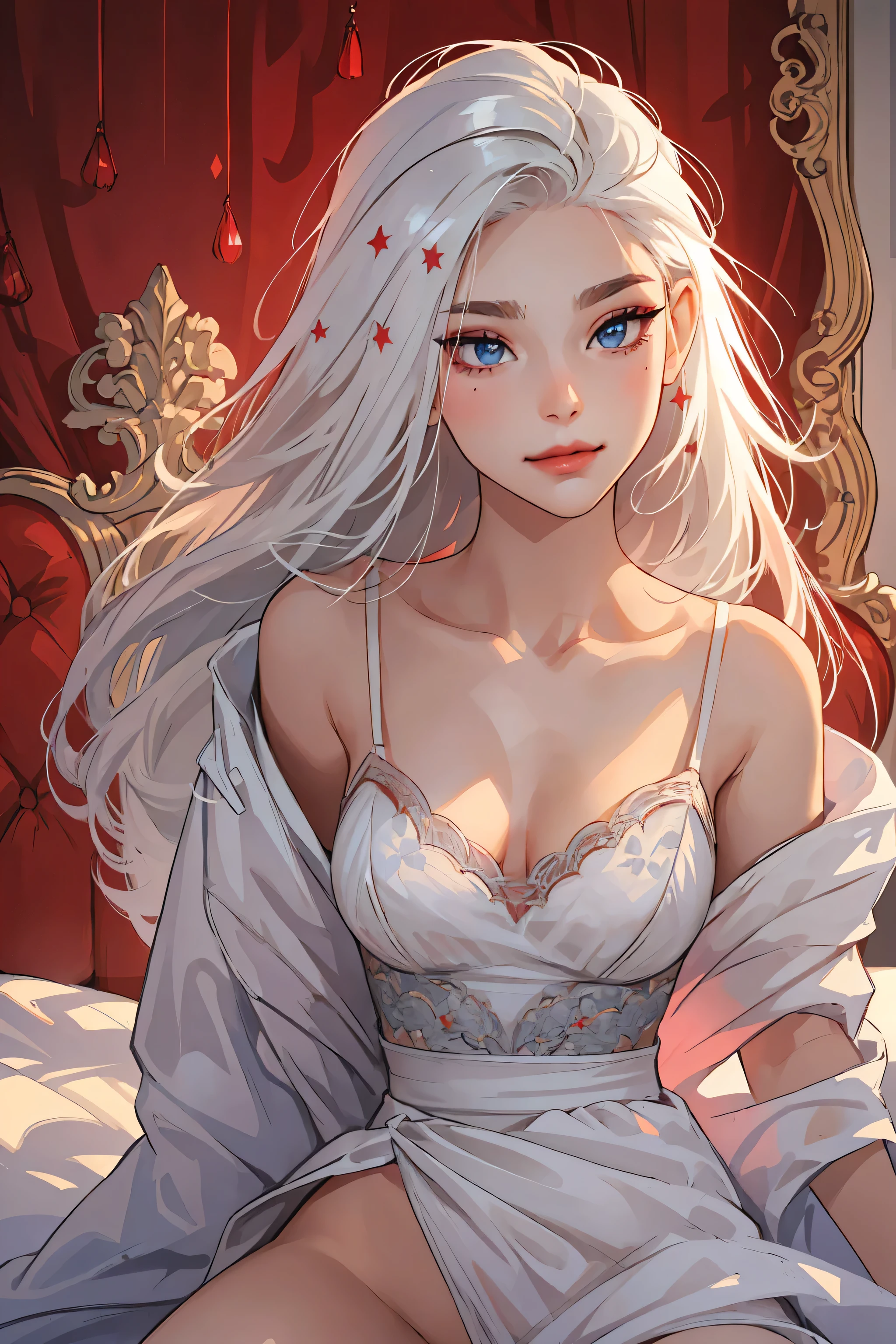 1girl,a beautiful fashion model ,(masterpiece, detailed background, best quality),long and shiny hair, white hair,smirk,juicy lips,red lips, calmart, lingerie, stripping, elegant makeup, , pussy juice, blue eyes, red eyeliner