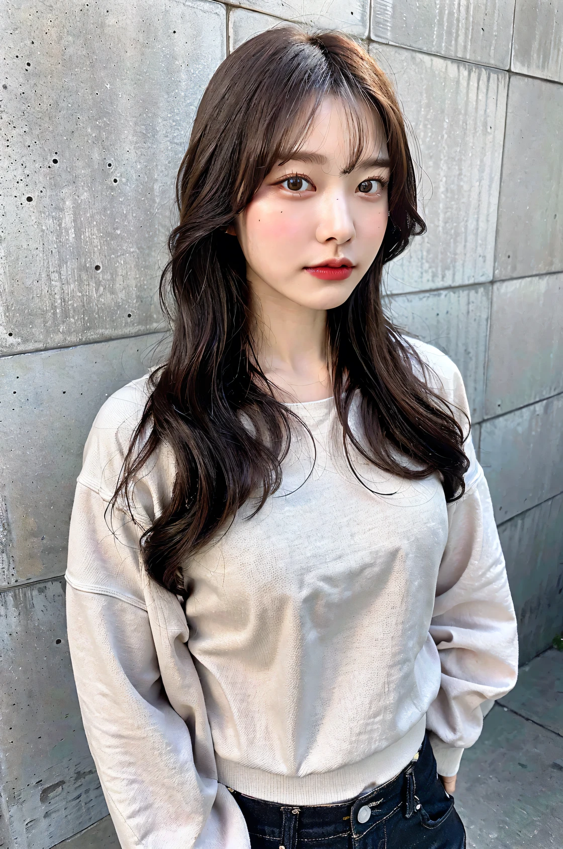 of the highest quality, 1 beautiful woman, age 28, S, 35mm lens, F/1, Cowboy Shot, Concrete background、Tile background、Perm Hair、Sweat Shirt、Dark brown