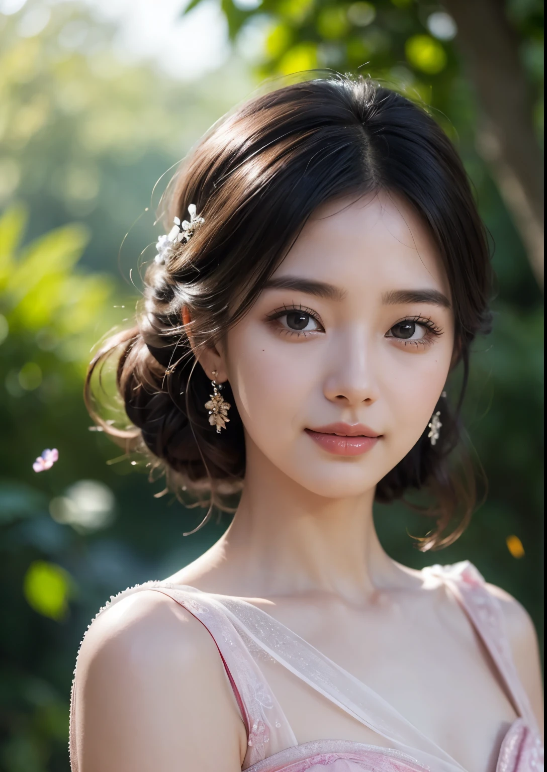 beautiful detailed eyes, beautiful detailed lips, extremely detailed eyes and face, long eyelashes, 1girl, beautiful Korean girl, exquisite bridal pink saree, standing in front of a beautiful church, ethereal lighting, soft pastel colors, realistic, realistic face, realistic body, cinematic lighting, dramatic composition, masterpiece, best quality, 4k, 8k, highres, ultra-detailed, photorealistic, professional, vivid colors, ethereal aura, serene expression, dappled sunlight filtering through the blue blossoms, lush green foliage, highly detailed, cinematic lighting, vibrant colors, nature, smile, sexy poses, upper body shot, clear face