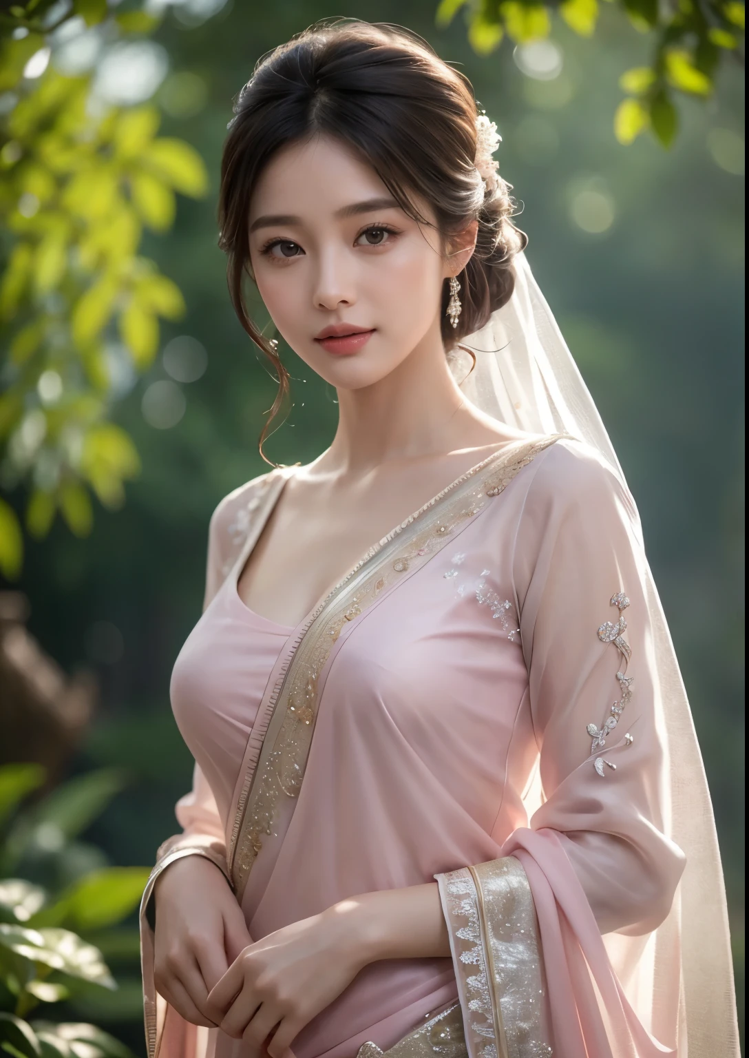 beautiful detailed eyes, beautiful detailed lips, extremely detailed eyes and face, long eyelashes, 1girl, beautiful Korean girl, exquisite bridal pink saree, standing in front of a beautiful church, ethereal lighting, soft pastel colors, realistic, realistic face, realistic body, cinematic lighting, dramatic composition, masterpiece, best quality, 4k, 8k, highres, ultra-detailed, photorealistic, professional, vivid colors, ethereal aura, serene expression, dappled sunlight filtering through the blue blossoms, lush green foliage, highly detailed, cinematic lighting, vibrant colors, nature, smile, sexy poses, upper body shot, clear face