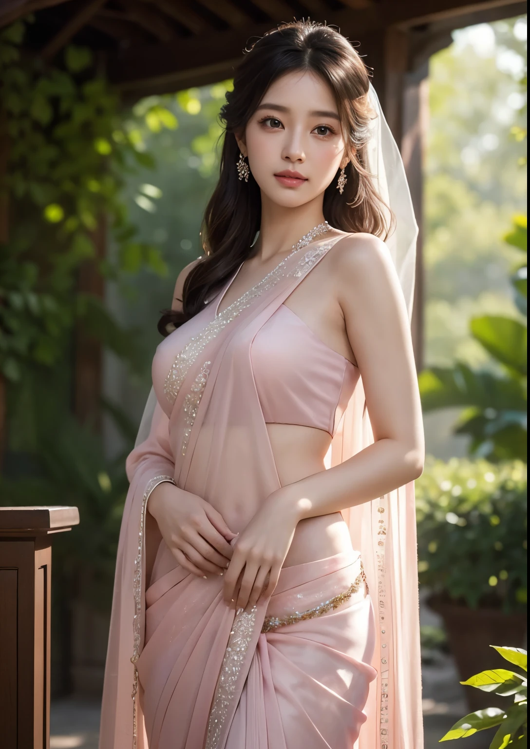 beautiful detailed eyes, beautiful detailed lips, extremely detailed eyes and face, long eyelashes, 1girl, beautiful Korean girl, exquisite bridal pink saree, standing in front of a beautiful church, ethereal lighting, soft pastel colors, realistic, realistic face, realistic body, cinematic lighting, dramatic composition, masterpiece, best quality, 4k, 8k, highres, ultra-detailed, photorealistic, professional, vivid colors, ethereal aura, serene expression, dappled sunlight filtering through the blue blossoms, lush green foliage, highly detailed, cinematic lighting, vibrant colors, nature, smile, sexy poses, upper body shot, clear face