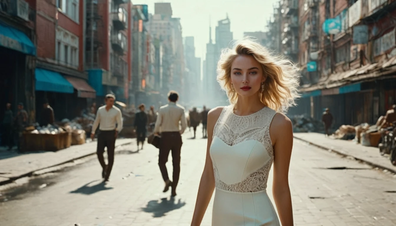 high angle camera view from above, cinematic wide angle full body shot of a short white dressed stylish european long blonde wavy haired woman walks down a street of a cyberpunk megacity at daytime after a nuclear war in a futuristic Dystopian city. Happy smiling face. Blue sky and the sun shines. Consistent structure and movement of the character, static 3D environment, consistent structure of the buildings. Both sides of the pedestrian street are very full of garbage, with overturned bins full of waste that have not been emptied for weeks. some people walking in the background. Garbage mounds towers in front of the houses. Filthy dump on the street all around. Dystopian megacity, Chaotic, end of the world atmosphere. Dirt and filth is everywhere. She wears a short two piece white silk lace dress. She has stylish make up and luxury hair style. Highly detailed facial features, full lips, upturned nose, best smile, realistic perfect eyes and face. Photorealistic body and face, highly detailed shiny hair and skin. She walks confidently and casually. Sharp focus, depth of field, lifelike textures, best shadows, best quality. Realism, photorealism, hyperrealism, vintage muted color tones, lomochrome, natural lights, cinematic lighting, contrast lighting, best quality, insanely intricate details, hdr, uhd 8k, 35 mm film, analog,((1970s movie style)), retro, vintage color grading,Award - winning photograph, Masterpiece, 16k,hyper detailed,sfumato, chiaroscuro, beautiful woman, perfect face, rule of thirds, highly detailed hair, ((detailed face)), ((detailed facial features)), (finely detailed skin), pale skin, intricate details, amazing fine detail, neutral colors, Soft front light,cinematic lighting, dramatic lighting,dappled light on face, backlight on hair, sharp focus, wide angle, film grain, dslr, raw photo, photographed on Nikon