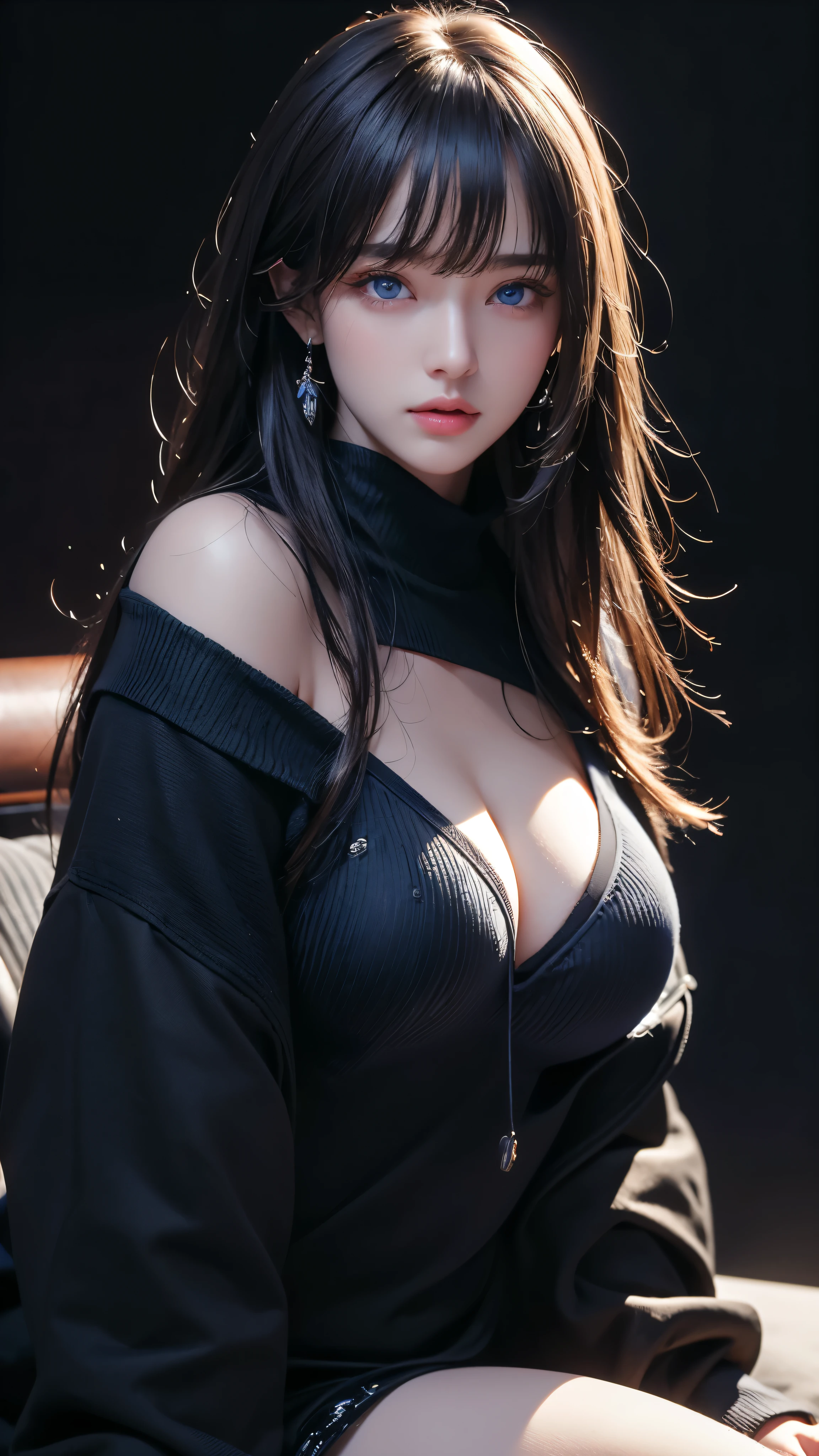 masterpiece, highest quality, Super detailed, Facing the camera, Super detailed, Realistic, Sharp features, Very detailed, Sharp focus, Perfect Face, Perfect Face, Perfect symmetrical perfect eyes, Perfect Plump Lips, Flexible female form, Cinematic, Film Light, Super detailed, hyper Realistic, masterpiece, Atmospheric, High resolution, Vibrant, Dynamic Studio Lighting, ((Dark Background)), The expression when enduring pleasure, Straight bangs, blue eyes,Black sweater, Cowboy Shot,The cleavage is visible、first round、Sexually aroused expression