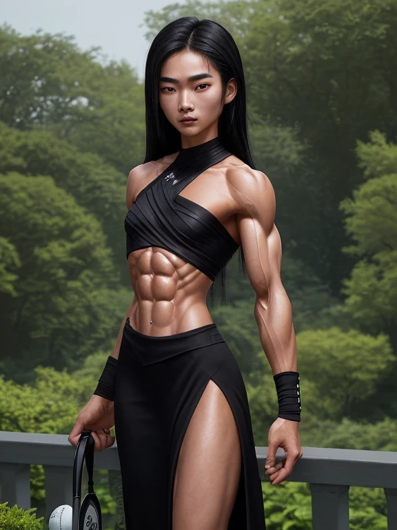 gorgeous Short nerdy Chinese teenaged girl revealed to be muscular, 1girl, 17 years old, powerhouse, black hair, tanned alabaster skin, styled hair, contact lenses, (wearing two piece black shoulder less maxi dress with a leg slit and a tiny bandeau style top), small breasts, flat chested, chiselled abs, ((12-pack abs)), abs of steel, shredded abdominal muscle, cut lower obliques, washboard abs, extremely muscular forearms, vascular arms, tennis ball sized biceps, shredded physique, lean, gorgeous, tiny waist, standing in garden, wearing make up, muscular legs