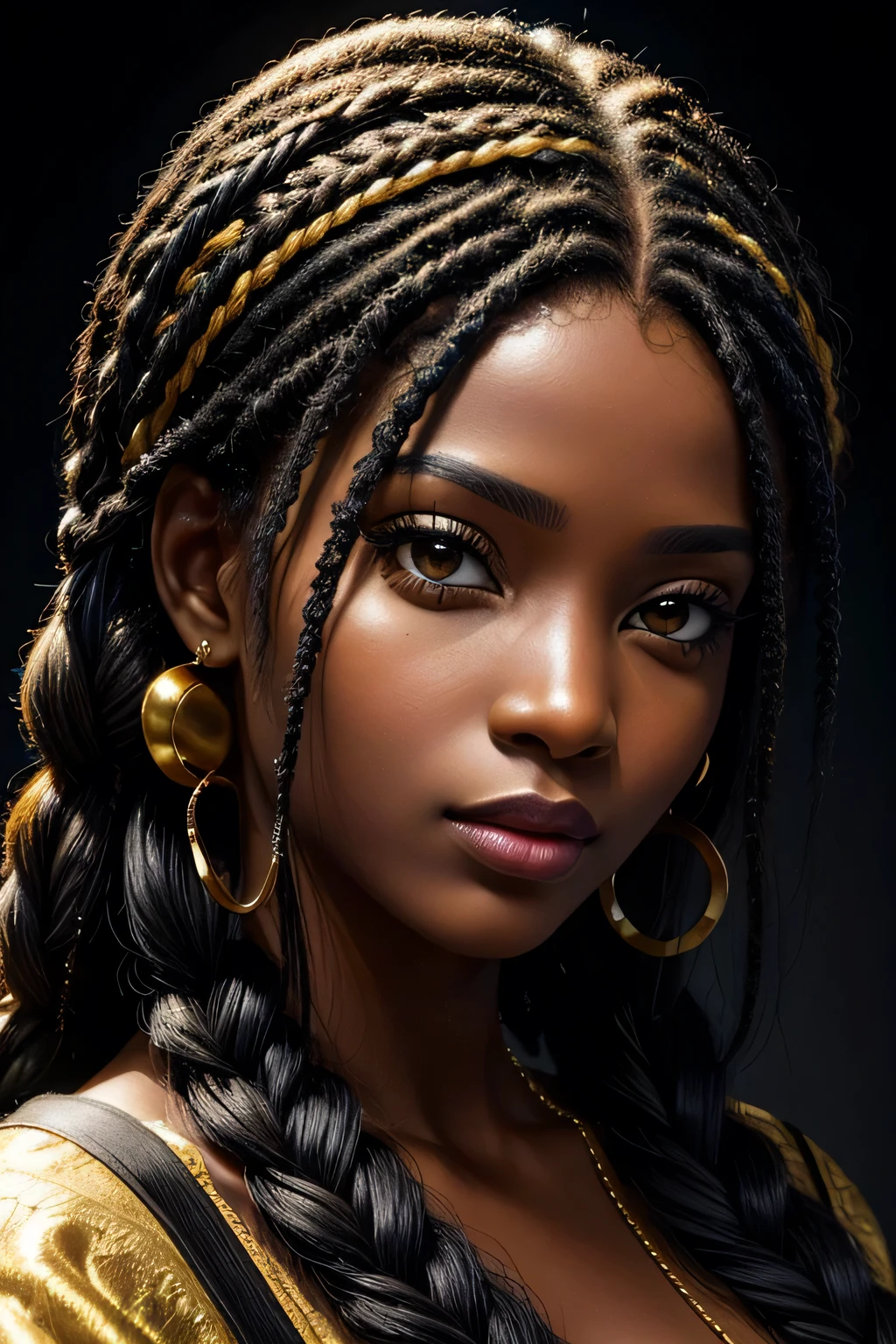 (melhor qualidade, Obra de arte:1.2), realista, retrato detalhado de 1 garota negra,braided wig close up,realista oil painting, cores vibrantes, soft lighting, pinceladas complexas, pose elegante, olhos expressivos, cabelo solto, delicate features.