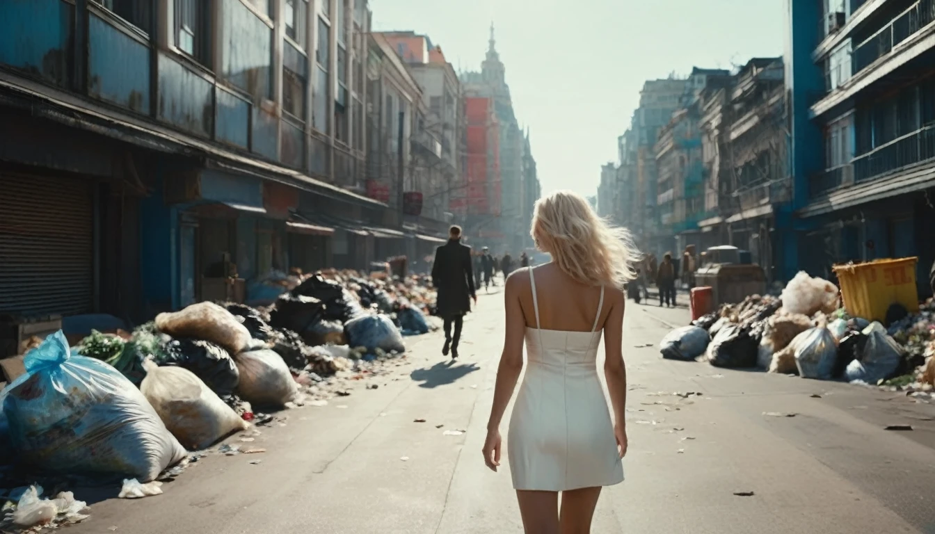 high angle camera view from above, cinematic wide angle full body shot of a short white dressed stylish european long blonde wavy haired woman walks down a street of a cyberpunk megacity at daytime after a nuclear war in a futuristic Dystopian city. Happy smiling face. Blue sky and the sun shines. Consistent structure and movement of the character, static 3D environment, consistent structure of the buildings. Both sides of the pedestrian street are very full of garbage, with overturned bins full of waste that have not been emptied for weeks. some people walking in the background. Garbage mounds towers in front of the houses. Filthy dump on the street all around. Dystopian megacity, Chaotic, end of the world atmosphere. Dirt and filth is everywhere. She wears a short two piece white silk lace dress. She has stylish make up and luxury hair style. Highly detailed facial features, full lips, upturned nose, best smile, realistic perfect eyes and face. Photorealistic body and face, highly detailed shiny hair and skin. She walks confidently and casually. Sharp focus, depth of field, lifelike textures, best shadows, best quality. Realism, photorealism, hyperrealism, vintage muted color tones, lomochrome, natural lights, cinematic lighting, contrast lighting, best quality, insanely intricate details, hdr, uhd 8k, 35 mm film, analog,((1970s movie style)), retro, vintage color grading