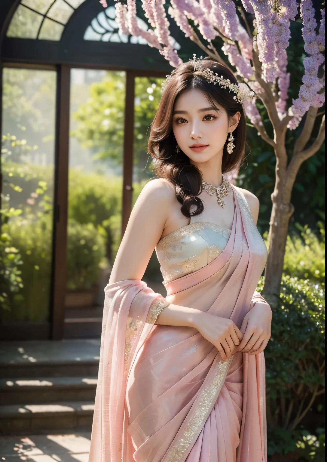 beautiful detailed eyes, beautiful detailed lips, extremely detailed eyes and face, long eyelashes, 1girl, beautiful Korean girl, exquisite bridal pink saree, standing in front of a beautiful church, ethereal lighting, soft pastel colors, cinematic lighting, dramatic composition, masterpiece, best quality, 4k, 8k, highres, ultra-detailed, photorealistic, professional, vivid colors, ethereal aura, serene expression, dappled sunlight filtering through the blue blossoms, lush green foliage, dreamy, whimsical, fantasy-like, digital art, highly detailed, cinematic lighting, vibrant colors, full body shot, nature, smile, sexy poses