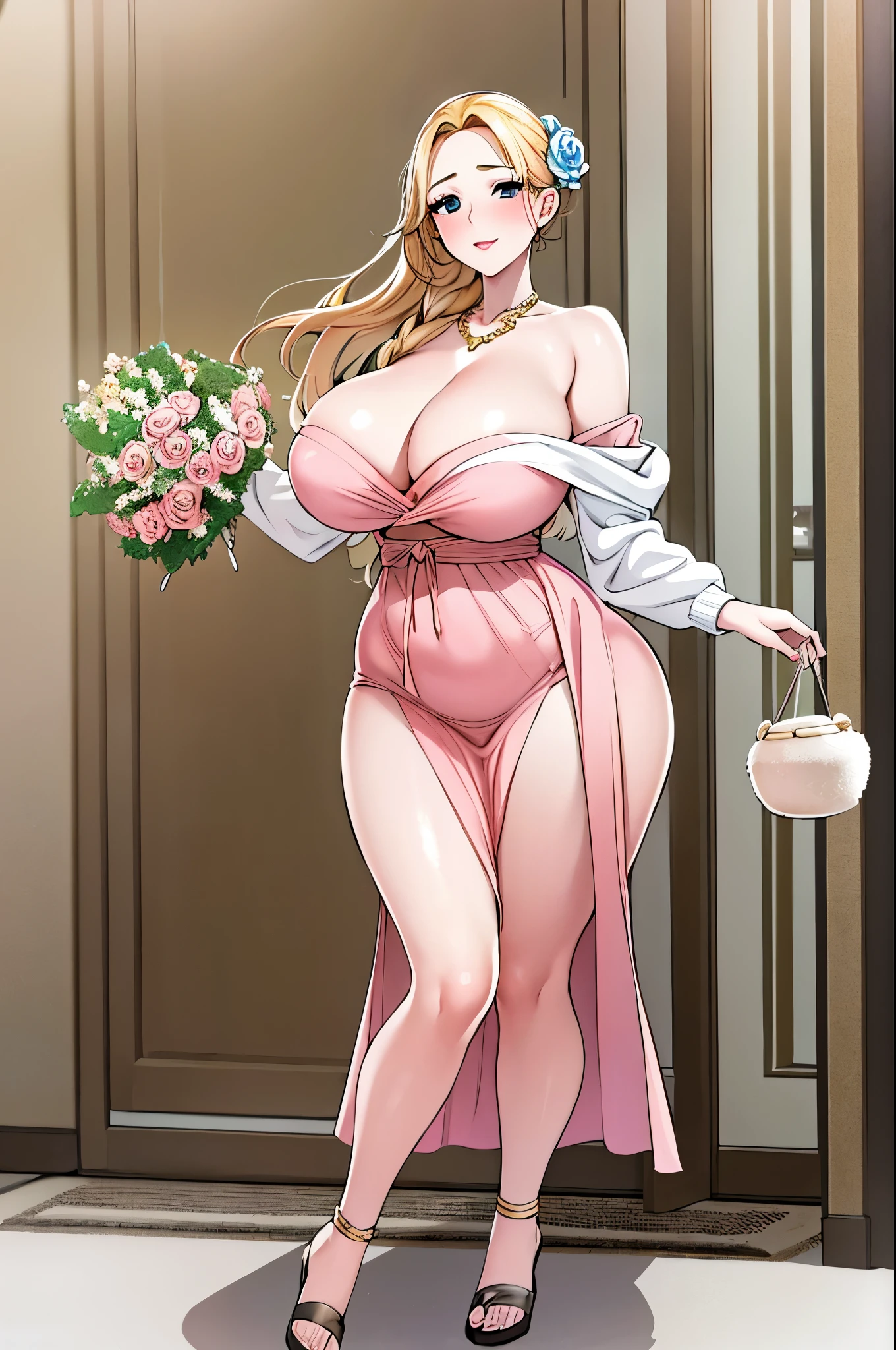 An extremely, insanely beautiful stunning gorgeous pretty cute sexy busty mother with a perfect gorgeous beautiful face, extremely super bright snow white fair stunning flawless glowing lush shiny white skin, and complexion, gold blonde hair tied in a cute hairstyle with hair ornament and red rose flower on hair, age 23, stunning shiny big shiny glowing blue eyes, bright pink cheek blushes, brown-black eyelashes, pink puffy lips, pink nails, goddess-like extremely cute sweet smile, face full of life, wearing a gold necklace, feet anklets, wearing a long full sleeve loose-fitting WHITE dress with threads and a LIGHT-BROWN COLORED OFF-THE-SHOULDER CROCHET CARDIGAN sweater hanging on her back and shiny gold high-heels, gold bangles, looking at the viewer, standing straight, insanely tight skinny perfect hourglass figure, perfect round wide perfect hips, perfect bouncy round breasts, perfect round plump ass poking out of her dress, holding bouquet of red roses, big house in the background, day time, show full body from head to feet.