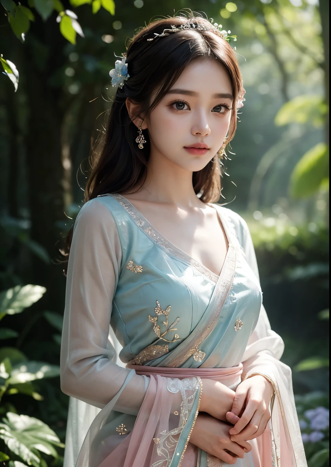 beautiful detailed eyes, beautiful detailed lips, extremely detailed eyes and face, long eyelashes, 1girl, beautiful Korean girl, exquisite bridal pink saree, standing in front of a beautiful church, ethereal lighting, soft pastel colors, cinematic lighting, dramatic composition, masterpiece, best quality, 4k, 8k, highres, ultra-detailed, photorealistic, professional, vivid colors, ethereal aura, serene expression, dappled sunlight filtering through the blue blossoms, lush green foliage, dreamy, whimsical, fantasy-like, digital art, highly detailed, cinematic lighting, vibrant colors, full body shot, nature, smile