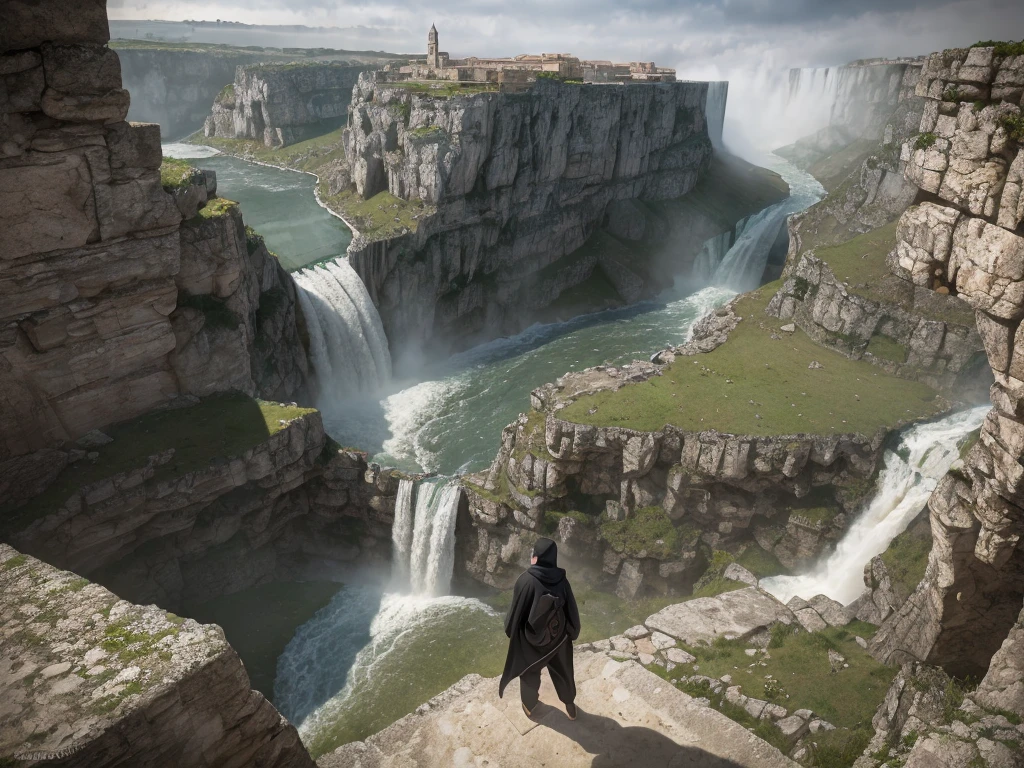 ((highest quality)), (ultra high resolution), (Super detailed), (detailed description), ((best CG)), (best work of art), super precision art, amazing drawing art, (Fantasy art with precise details:1.5), empire city similar to Venice, long entry bridge over massive waterfall into lower city. Sassi di Matera, Italy. sassi_di_matera. Cathedral of Matera. Outdoor in streets of Matera. The character is surrounded by mist, evoking a mysterious and eerie atmosphere. The lighting is dark and atmospheric, with a red smoke adding a touch of sinister ambiance. The image is of the best quality, with a resolution of 4k and HDR enhancement, showcasing the utmost level of detail and realism, nsfw, full body shot. [[YES SFW]], photorealistic man wearing a black hoodie is waiting for the Apocalypse. ((massive waterfall into lower city)), (enhance details)