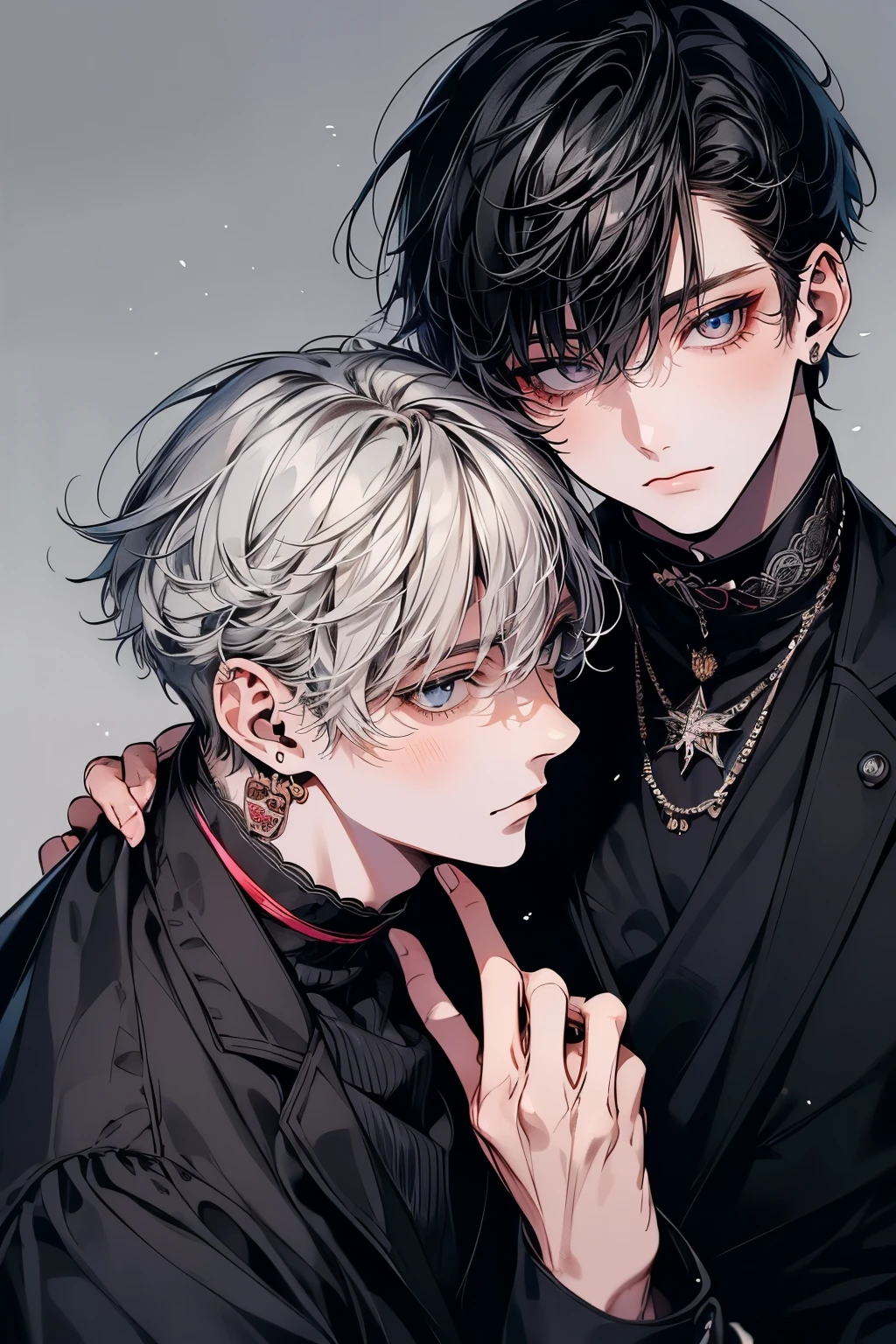 (Mastepiece), (Best Quality), Very detailed, ((Two friendly men:1.5)), Perfect Face, Beautiful Face, Very detailedな顔,(Black-haired man:1.3),(Grey-haired man:1.3)、