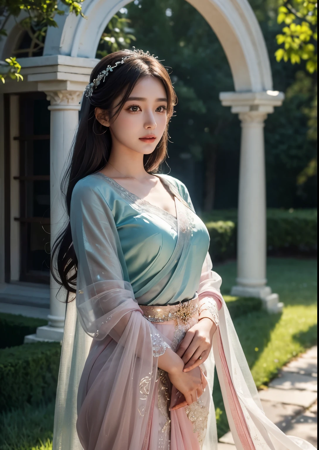 beautiful detailed eyes, beautiful detailed lips, extremely detailed eyes and face, long eyelashes, 1girl, beautiful Korean girl, exquisite bridal pink saree, standing in front of a beautiful church, ethereal lighting, soft pastel colors, cinematic lighting, dramatic composition, masterpiece, best quality, 4k, 8k, highres, ultra-detailed, photorealistic, professional, vivid colors, ethereal aura, serene expression, dappled sunlight filtering through the blue blossoms, lush green foliage, dreamy, whimsical, fantasy-like, digital art, highly detailed, cinematic lighting, vibrant colors, full body shot, nature, smile