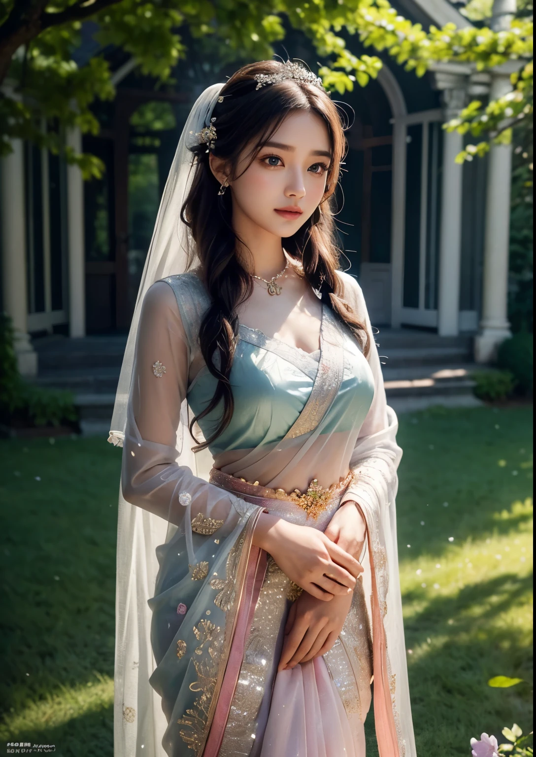 beautiful detailed eyes, beautiful detailed lips, extremely detailed eyes and face, long eyelashes, 1girl, beautiful Korean girl, exquisite bridal pink saree, standing in front of a beautiful church, ethereal lighting, soft pastel colors, cinematic lighting, dramatic composition, masterpiece, best quality, 4k, 8k, highres, ultra-detailed, photorealistic, professional, vivid colors, ethereal aura, serene expression, dappled sunlight filtering through the blue blossoms, lush green foliage, dreamy, whimsical, fantasy-like, digital art, highly detailed, cinematic lighting, vibrant colors, full body shot, nature, smile