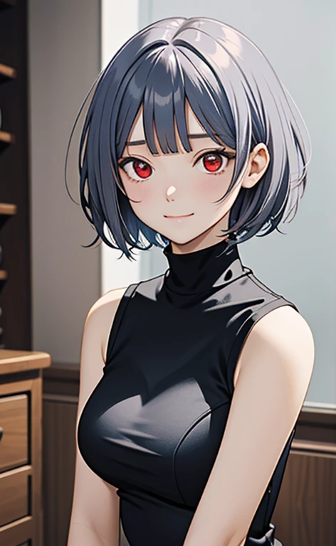 (masterpiece:1.4、top-quality、illustration)、(character focus、,upper body:1.3)、(face:1.5),(1girl),(sad smile:1.2),(Beautiful eyes:1.4),cute face,(red eyes:1.3)、(tareme:1.3)、(),
),(stand:1.4),、(),(),
(blue grey hair),(short hair:1.5)、
,(),(sleeveless turtleneck china dress:1.5),
(blunt bangs),(sidelocks:1.3), (large breasts)、
、slender、zydG