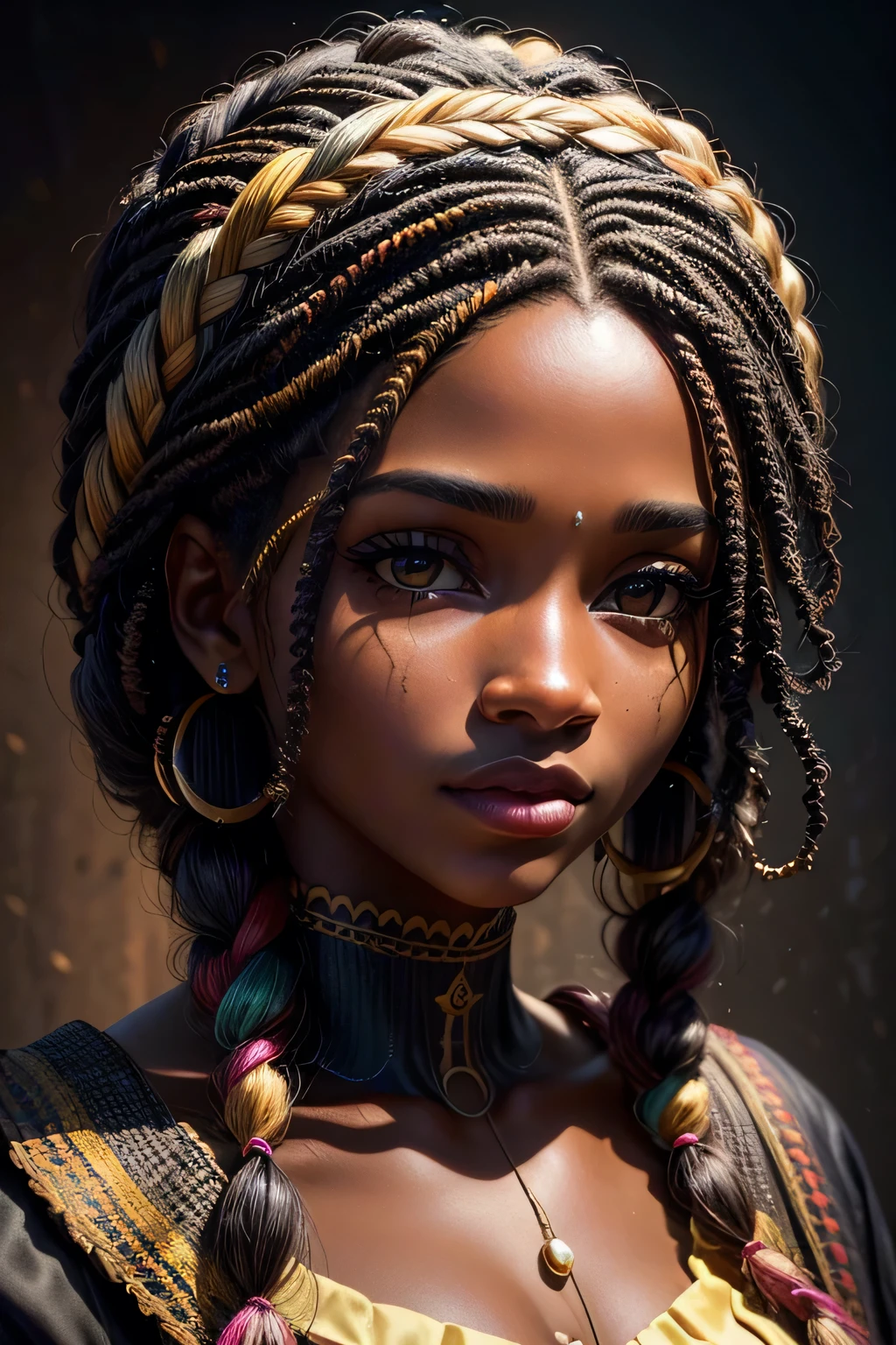 (melhor qualidade, Obra de arte:1.2), realista, retrato detalhado de 1 garota negra,braided wig close up,realista oil painting, cores vibrantes, soft lighting, pinceladas complexas, pose elegante, olhos expressivos, cabelo solto, delicate features.