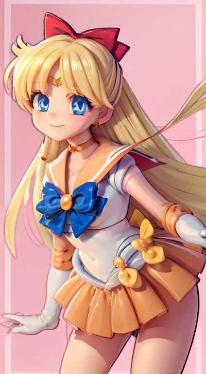 masterpiece, highest quality, High resolution, Venus 1, 1 girl, alone, Sailor Warrior Uniform, Sailor Venus, aino minako, Blonde Hair, Magical girl, blue eyes, Orange Skirt, Elbow Bag, tiara, Pleated skirt, Hair Ribbon, Orange sailor collar, mini skirt, choker, Red Bow, orange choker, White gloves, Very long hair, jewelry, Earrings, Cowboy Shot, smile,