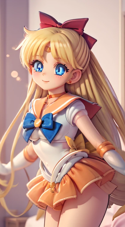masterpiece, highest quality, High resolution, Venus 1, 1 girl, alone, Sailor Warrior Uniform, Sailor Venus, aino minako, Blonde Hair, Magical girl, blue eyes, Orange Skirt, Elbow Bag, tiara, Pleated skirt, Hair Ribbon, Orange sailor collar, mini skirt, choker, Red Bow, orange choker, White gloves, Very long hair, jewelry, Earrings, Cowboy Shot, smile,