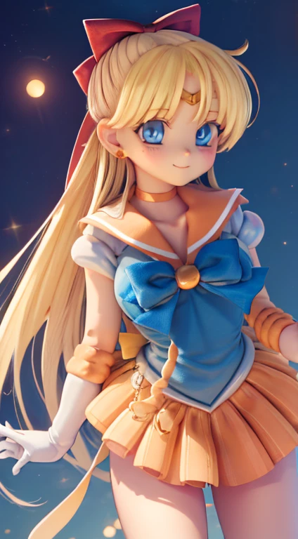 masterpiece, highest quality, High resolution, Venus 1, 1 girl, alone, Sailor Warrior Uniform, Sailor Venus, aino minako, Blonde Hair, Magical girl, blue eyes, Orange Skirt, Elbow Bag, tiara, Pleated skirt, Hair Ribbon, Orange sailor collar, mini skirt, choker, Red Bow, orange choker, White gloves, Very long hair, jewelry, Earrings, Cowboy Shot, smile,