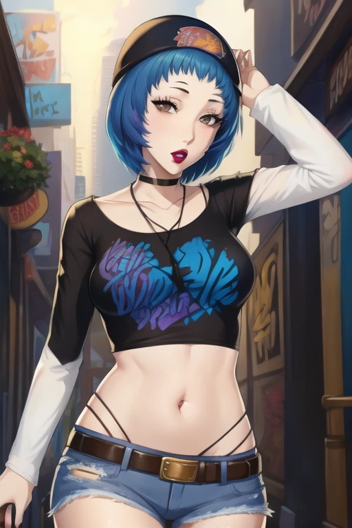 chloeprice, blue hair, brown eyes, beanie, 1girl, solo, standing, black t-shirt, white shirt, blue jeans, belt, lipstick, large breasts, layered sleeves