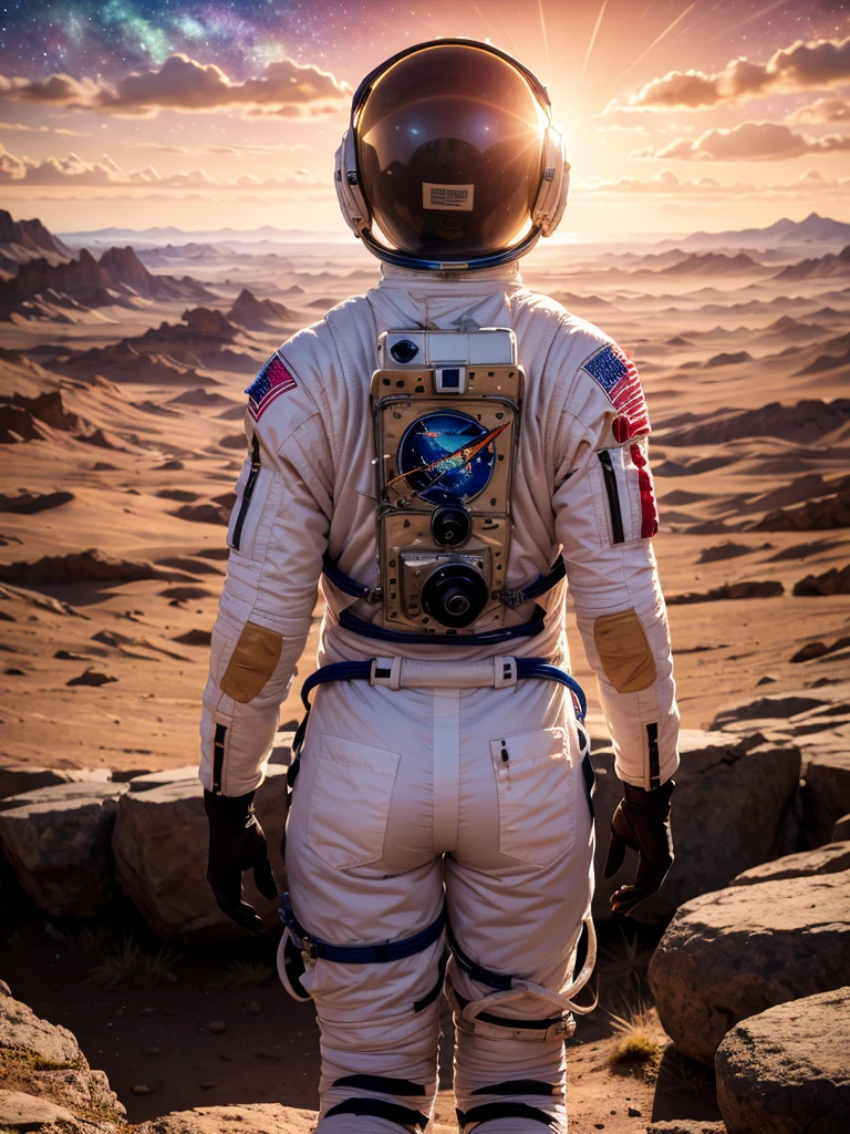 (best quality, masterpiece, highest detailed), (photorealistic:1.2), raw photo, (astronaut), a man in an astronaut suit stands with his back to the viewer, looks into the distance, stands on a rock, Martian landscape, red sky, space, dark lighting , epic photo, (vibrant color), (intricate details), exposure blend, bokeh, dim light, (hdr:1.4), high contrast, (muted colors, dim colors, soothing tones:1.3), low saturation, morbid