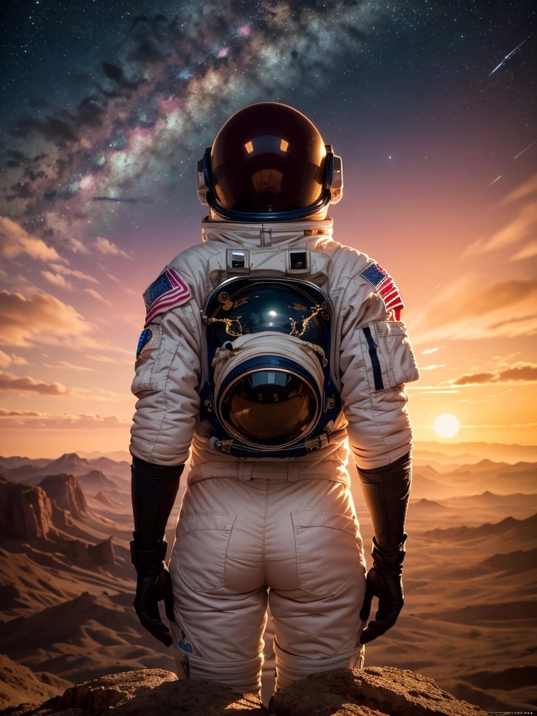 (best quality, masterpiece, highest detailed), (photorealistic:1.2), raw photo, (astronaut), a man in an astronaut suit stands with his back to the viewer, looks into the distance, stands on a rock, Martian landscape, red sky, space, dark lighting , epic photo, (vibrant color), (intricate details), exposure blend, bokeh, dim light, (hdr:1.4), high contrast, (muted colors, dim colors, soothing tones:1.3), low saturation, morbid