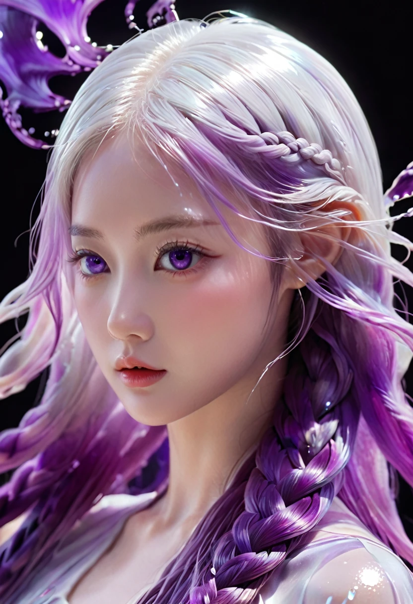 (Super Fine,lifelike:1.37),3D rendering, Psychedelic abstract art:2 girls made of flowing liquid side by side looking at the viewer, yinji, purple hair, purple eyes, long hair, white hair, double braids, gradient hair, Upper body portrait,Background of the myth,creative composition,Meticulous attention to detail,Liquid textures and patterns,High-resolution rendering,Crystal clear,Exquisite craftsmanship,Dreamy atmosphere,Sensual and fascinating,masterpiece:1.2。