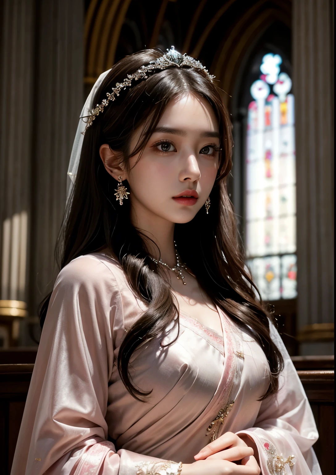 beautiful detailed eyes, beautiful detailed lips, extremely detailed eyes and face, long eyelashes, 1girl, beautiful Korean girl, exquisite bridal pink saree, standing in front of a beautiful church, ethereal lighting, soft pastel colors, cinematic lighting, dramatic composition, masterpiece, best quality, 4k, 8k, highres, ultra-detailed, photorealistic, professional, vivid colors