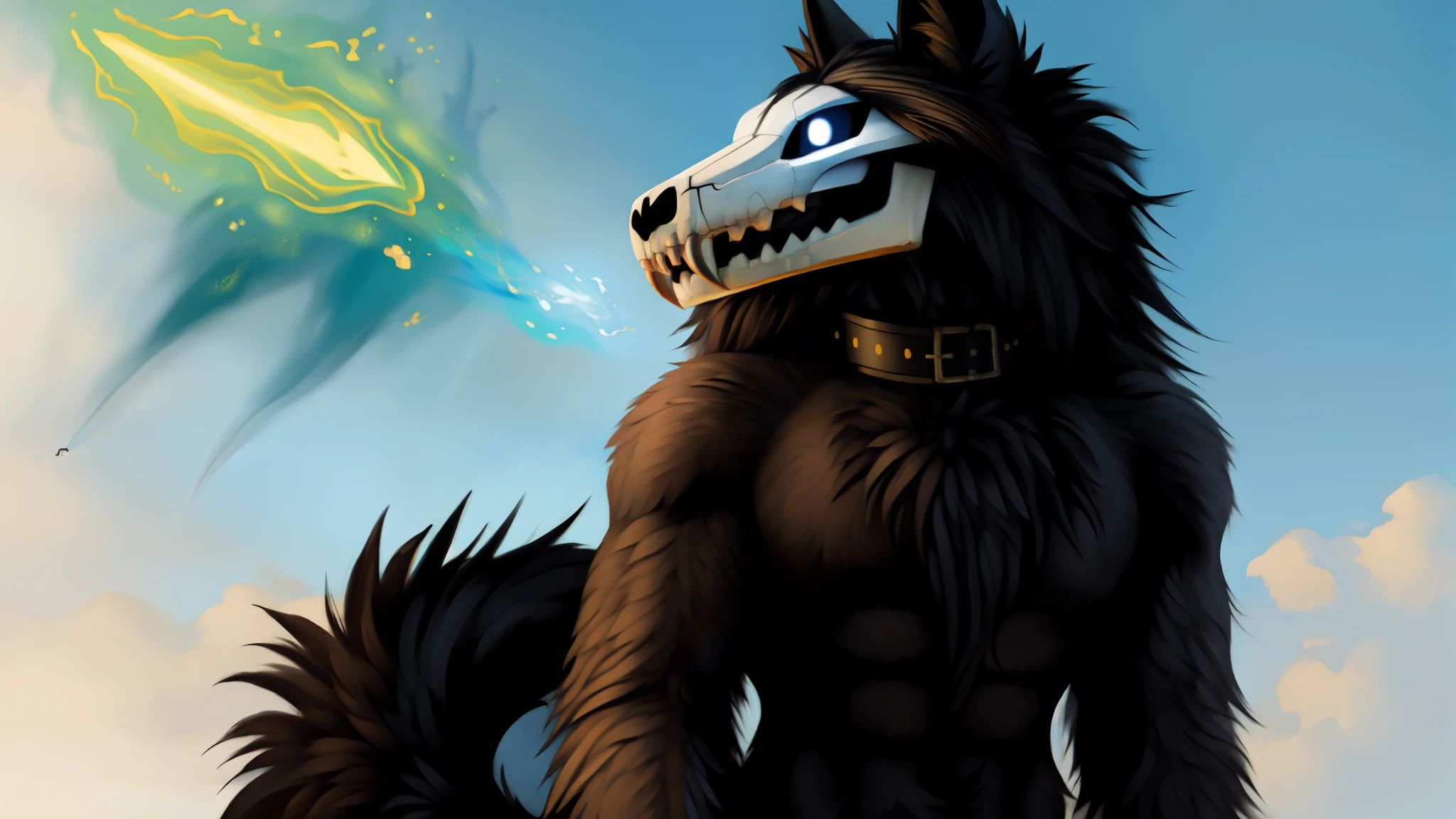 MalO, Scp 1471, ((four legged character)), (slit pupils, white eyes, black sclera), digitigrade, (collar), masterpiece, best quality, detailed realistic fur, furry, (canine skull), detailed background, (low angle shot), detailed face, detailed eyes, detailed black fluffy fur, fluffy tail, (furry, flat chest, SFW:1.35), (MagicItem_v1, blank background, fantasy painting:1.35)