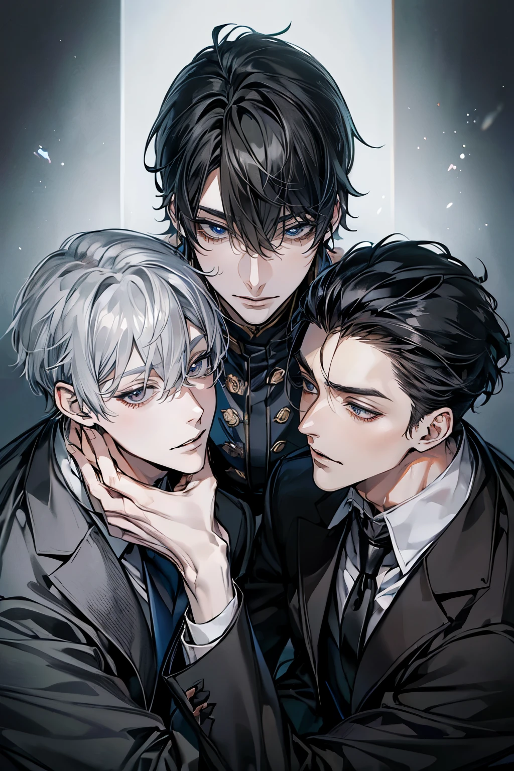 (Mastepiece), (Best Quality), Very detailed, ((Two friendly men:1.5)), Perfect Face, Beautiful Face, Very detailedな顔，(Black-haired man:1.3)，(Grey-haired man:1.3)、