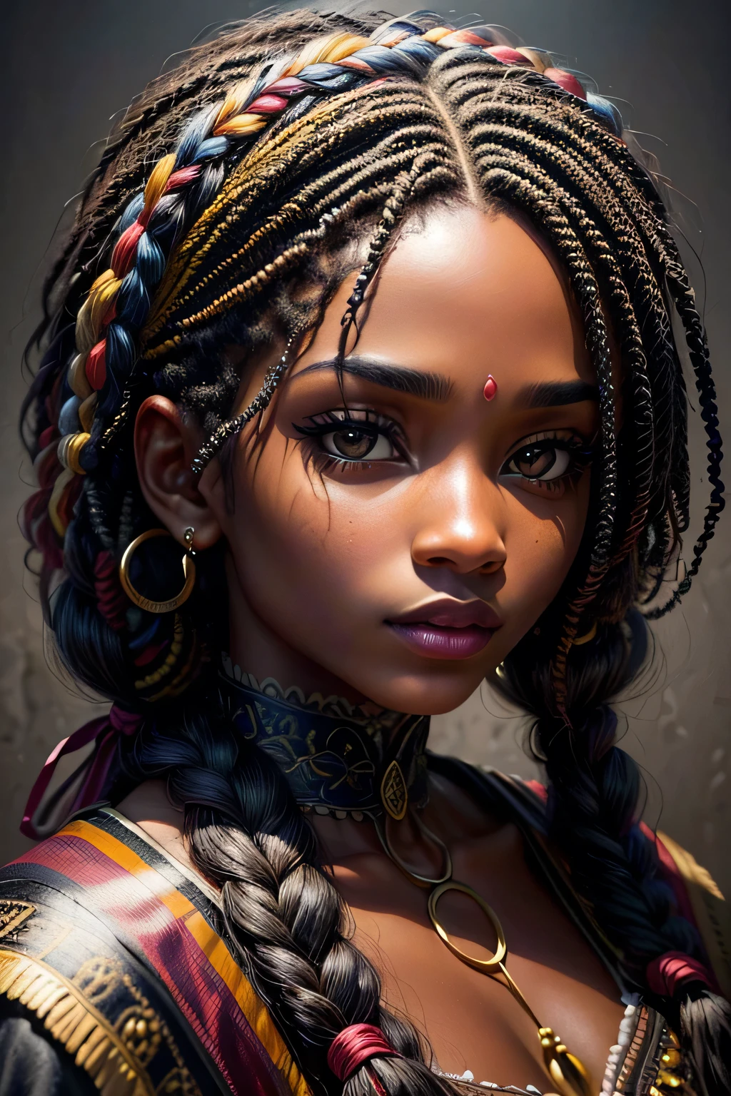 (melhor qualidade, Obra de arte:1.2), realista, retrato detalhado de 1 garota negra,braided wig close up,realista oil painting, cores vibrantes, soft lighting, pinceladas complexas, pose elegante, olhos expressivos, cabelo solto, delicate features.