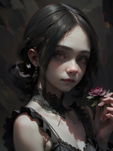 a gothic clown girl, detailed face, beautiful eyes, long eyelashes, pale skin, dark makeup, black and red dress, puffed sleeves, ruffles, lace, holding a black rose, eerie, unsettling, moody lighting, dark cinematic atmosphere, muted color palette, (best quality,4k,8k,highres,masterpiece:1.2),ultra-detailed,(realistic,photorealistic,photo-realistic:1.37)