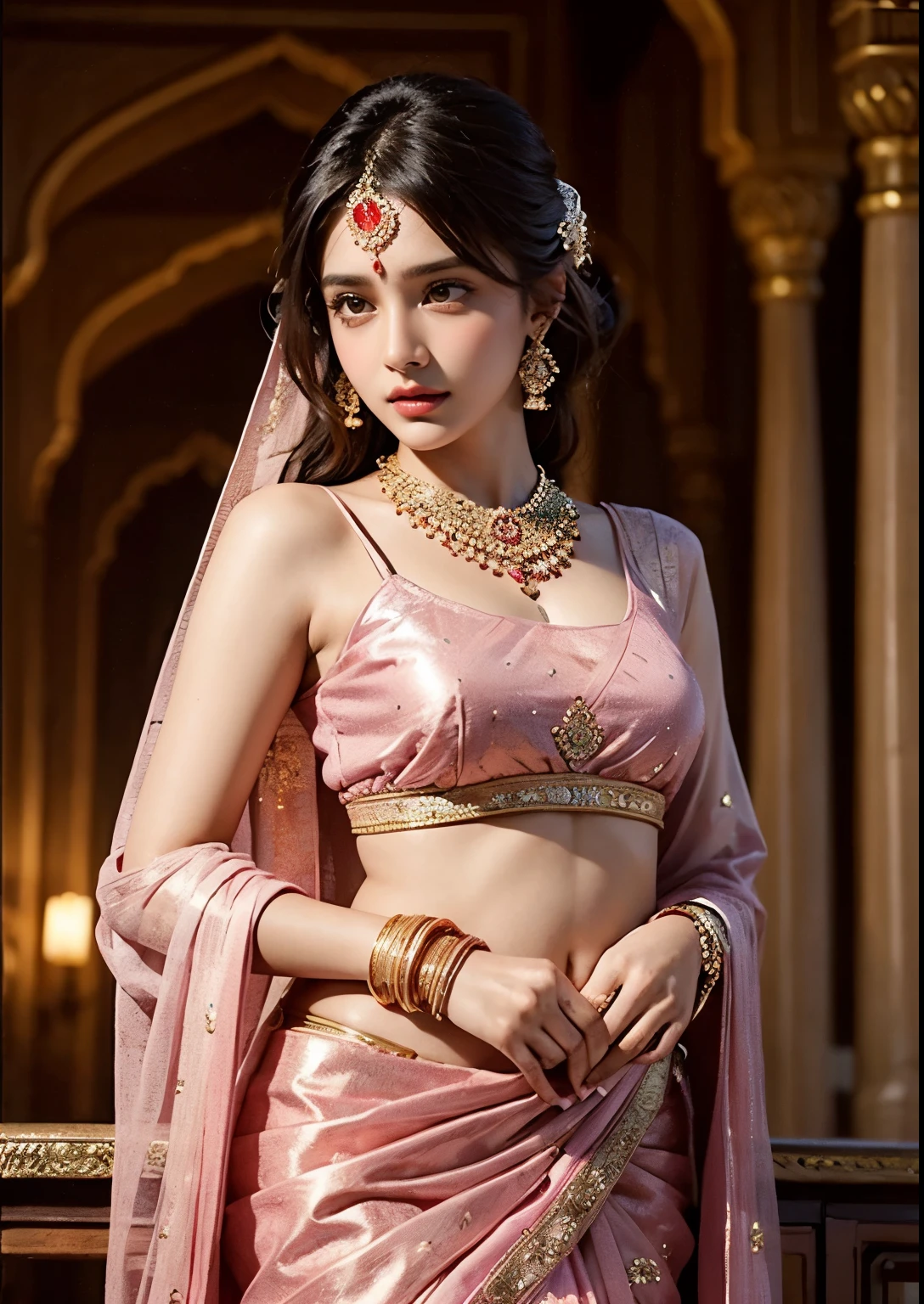 A beautiful young indian girl in a pink bridal saree, photorealistic, intricate details, elegant jewelry, ornate henna patterns on hands, flowing fabric, ornate background, dramatic lighting, cinematic composition, rich vibrant colors, high quality, masterpiece