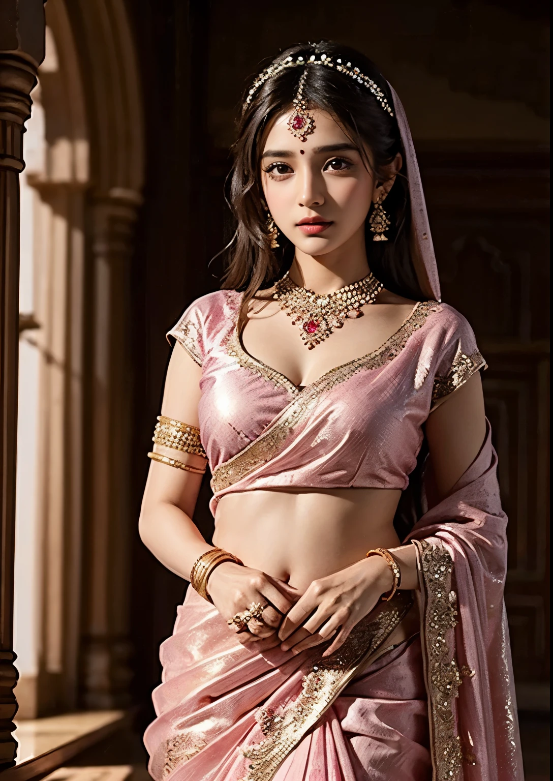Coreyan girl eyes colour sky blue and lips pink and clothes Indian traditional black colour saree, figer size  28 hips 36 height 5.6  earrings jhumkis background ayodhya ram mandir temple 