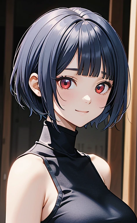 (masterpiece:1.4、top-quality、illustration)、(character focus、,upper body:1.3)、(face:1.5),(1girl),(fingersmile:1.5),(Beautiful eyes:1.4),cute face,(red eyes:1.3)、(tareme:1.3)、(),
),(stand:1.4),、(),(),
(blue grey hair),(short hair:1.5)、
,(),（sleeveless turtleneck china dress:1.5),
(blunt bangs),(sidelocks:1.3), (large breasts)、
、slender、zydG