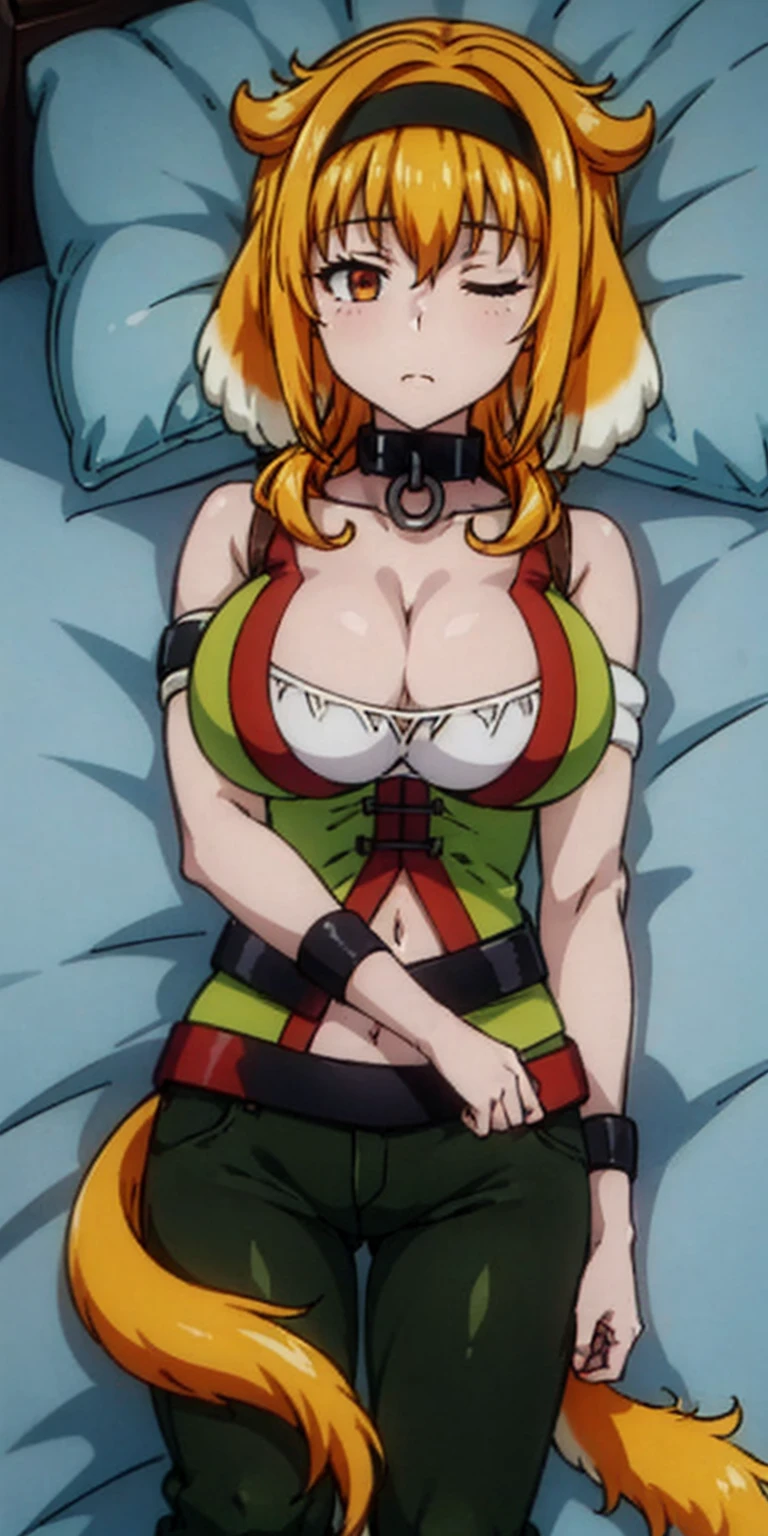 Roxanne Demin kin 1girl, solo, breasts, large breasts, navel, animal ears, cleavage, tail, hairband, pants, orange hair, collar, dog ears, dog tail, dog girl, black collar, green pants, floppy ears, eyes closed, sleeping, lying on bed, waist up, leather slave collar choker, bracers