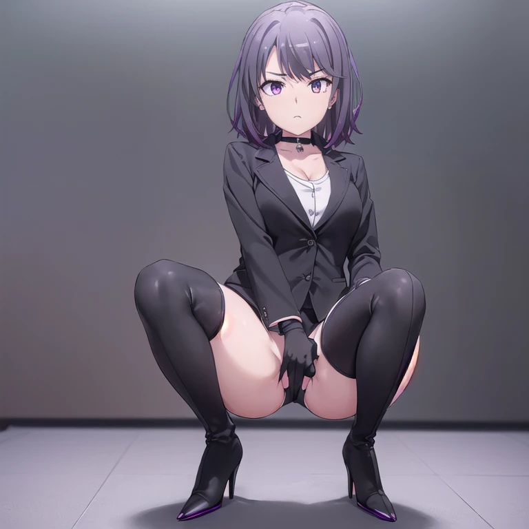 1people々 girl,((Haruno YukinoshitaFull Body)),Purple Hair ,(masterpiece:1.2), highest quality, (((Thin legs))),((((High resolution)))), unity 8k wallpaper, (shape:0.8), Highly detailed face, Perfect lighting, Extremely detailed CG,((((Company Office)))),(Big Breasts)、(((((office lady))))、((on the desk)),((suit)),(((Black long boots))),(((Black pointed toe)))、(((Black stiletto heel)))、choker、(Long black gloves)、((((Thin legs)))),((Double Peace)),((squatting,open legs)),short hair