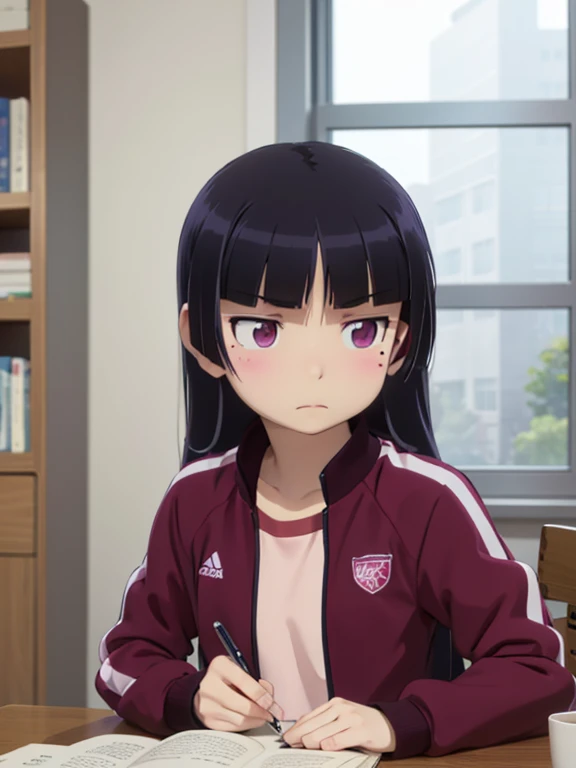 (ruri gokou), long hair, blush, black hair, 1girl, pants, mole, mole under eye, wine red track jacket, track suit, wine red track pants, pink shirt, unzip jacket, Private room, study, desk, Note, pen, Book, concentrated, Calm, machine, window, bright, relax, daily, Approachable, Personal Life, Heartwarming, Calm, indoor, personal space, intellectual, Quiet environment, Personal time, study, thinking, positive, autonomy, like々Shii, modern, casual